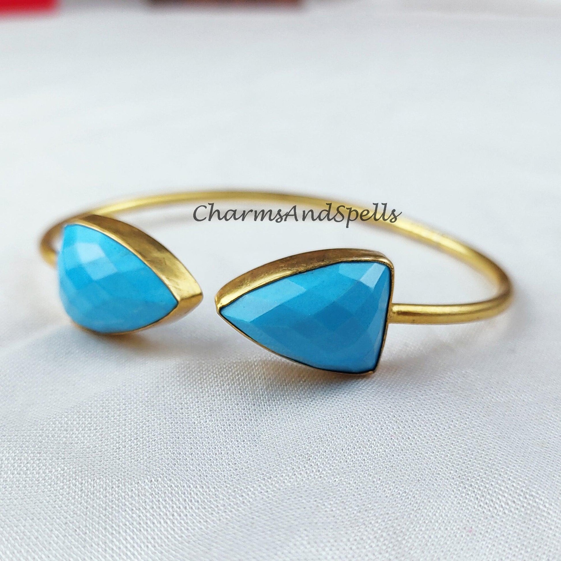 Blue Turquoise bangle, gold plated handmade bangle, statement bangle, adjustable bangle, turquoise jewelry - Charms And Spells