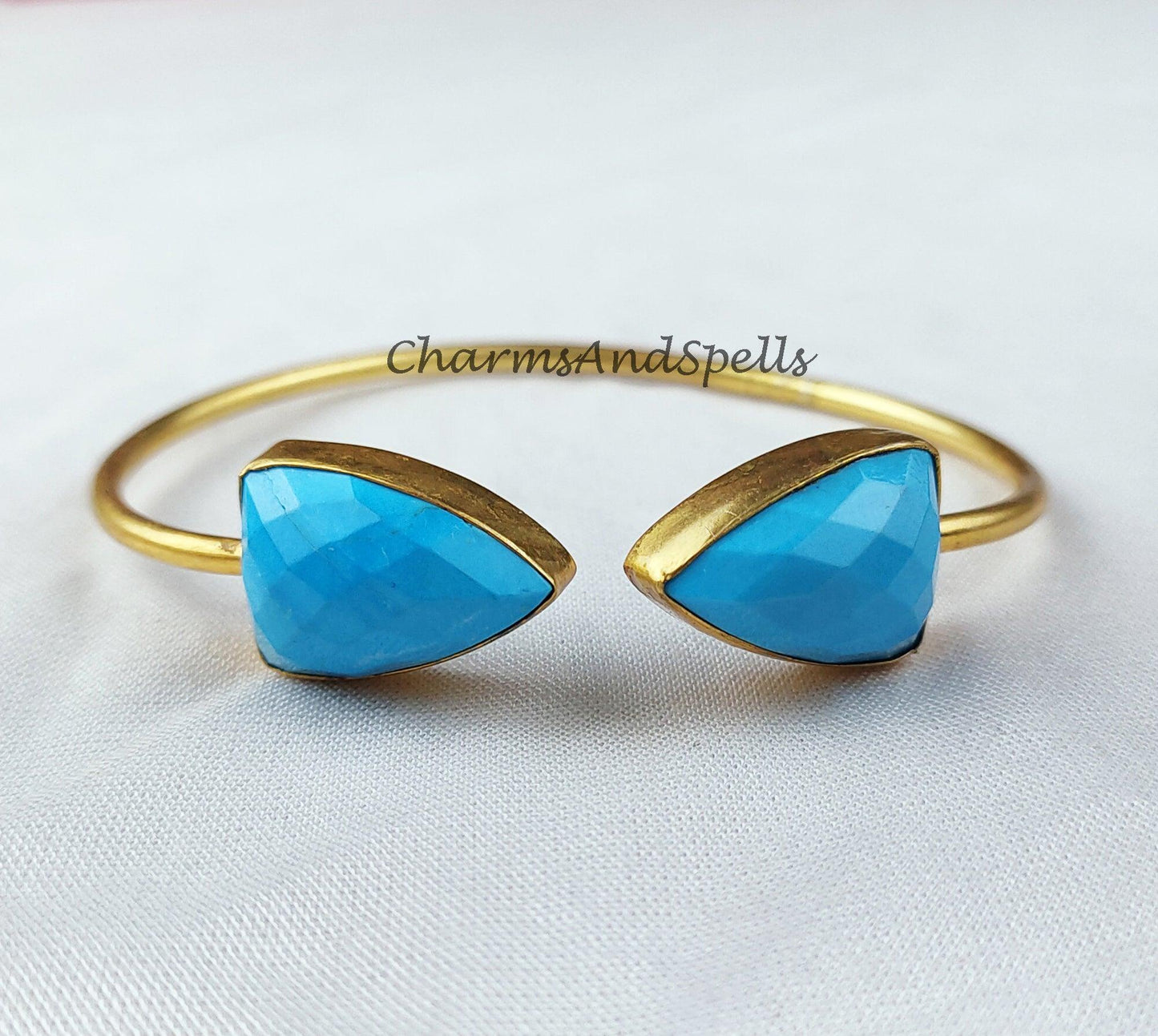 Blue Turquoise bangle, gold plated handmade bangle, statement bangle, adjustable bangle, turquoise jewelry - Charms And Spells