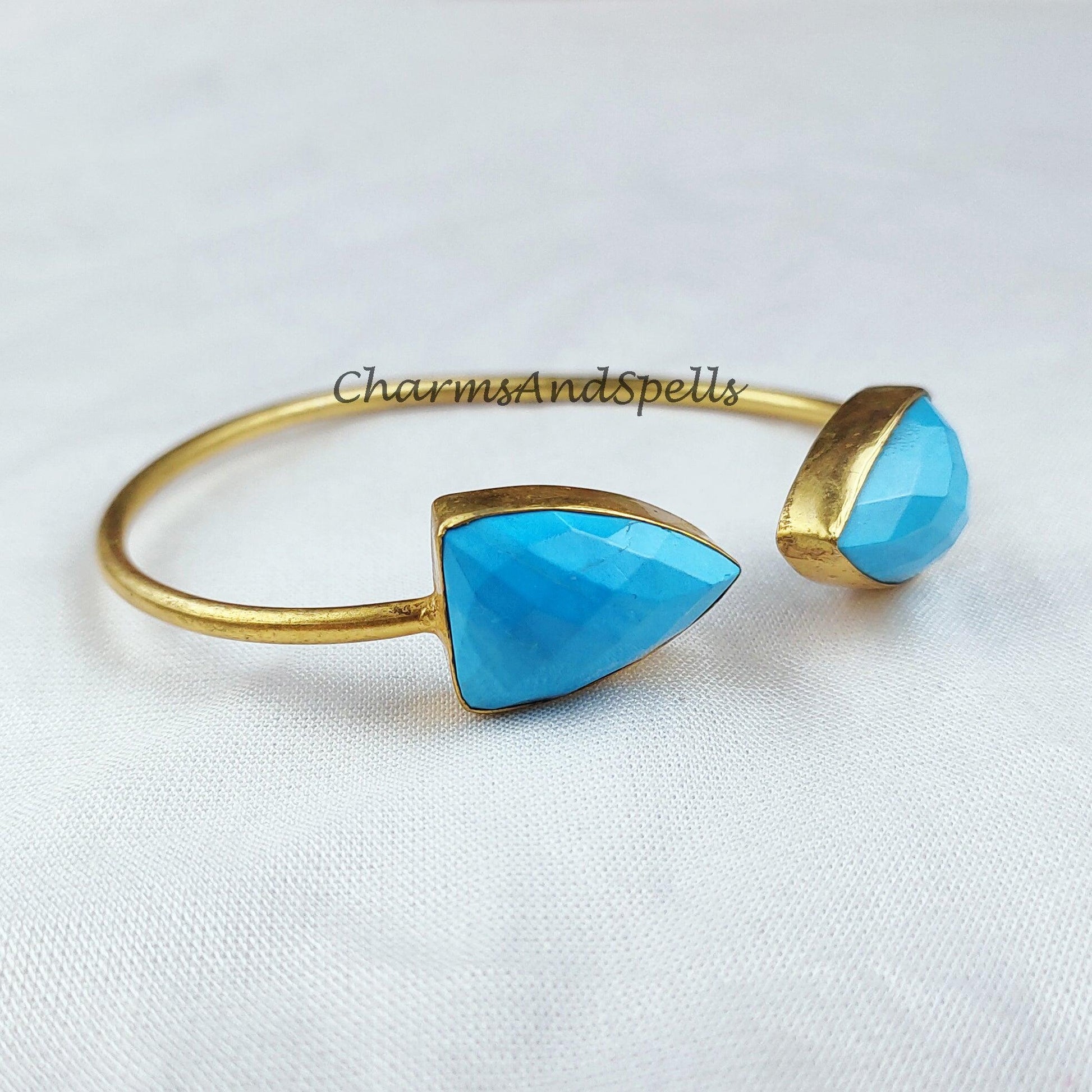 Blue Turquoise bangle, gold plated handmade bangle, statement bangle, adjustable bangle, turquoise jewelry - Charms And Spells