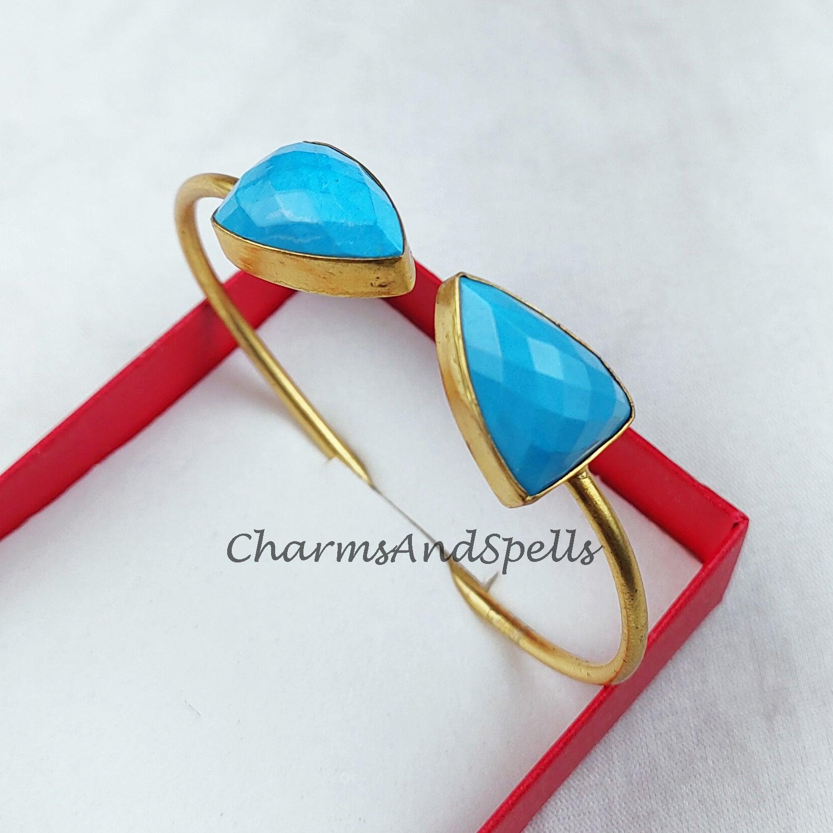 Blue Turquoise bangle, gold plated handmade bangle, statement bangle, adjustable bangle, turquoise jewelry - Charms And Spells