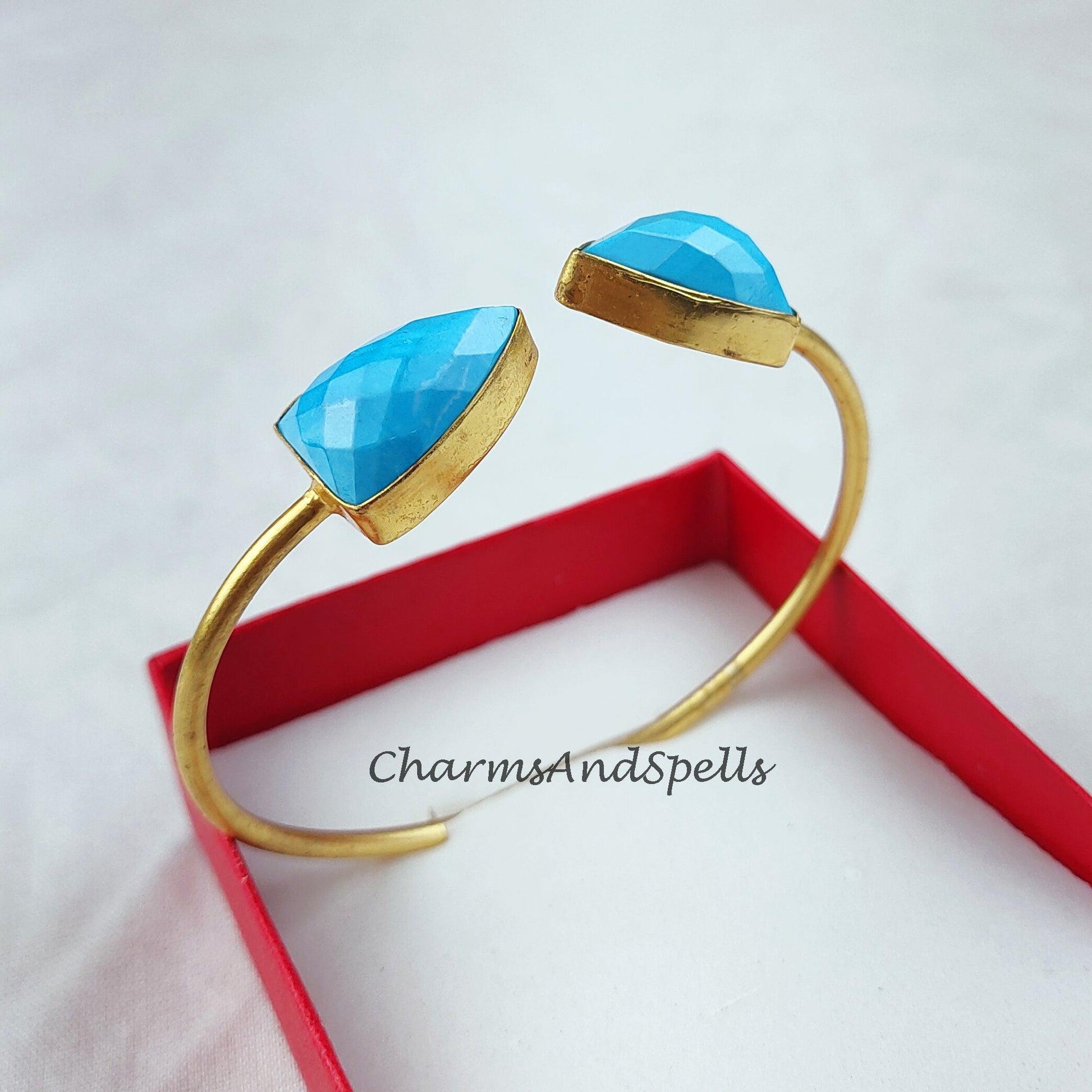 Blue Turquoise bangle, gold plated handmade bangle, statement bangle, adjustable bangle, turquoise jewelry - Charms And Spells