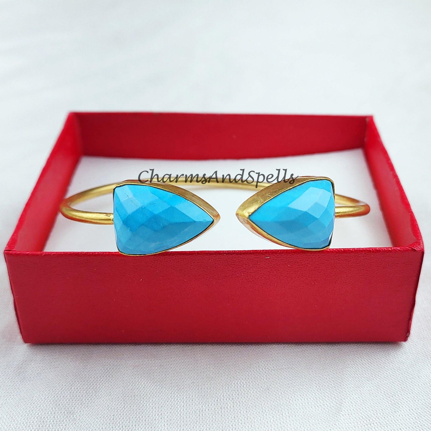 Blue Turquoise bangle, gold plated handmade bangle, statement bangle, adjustable bangle, turquoise jewelry - Charms And Spells