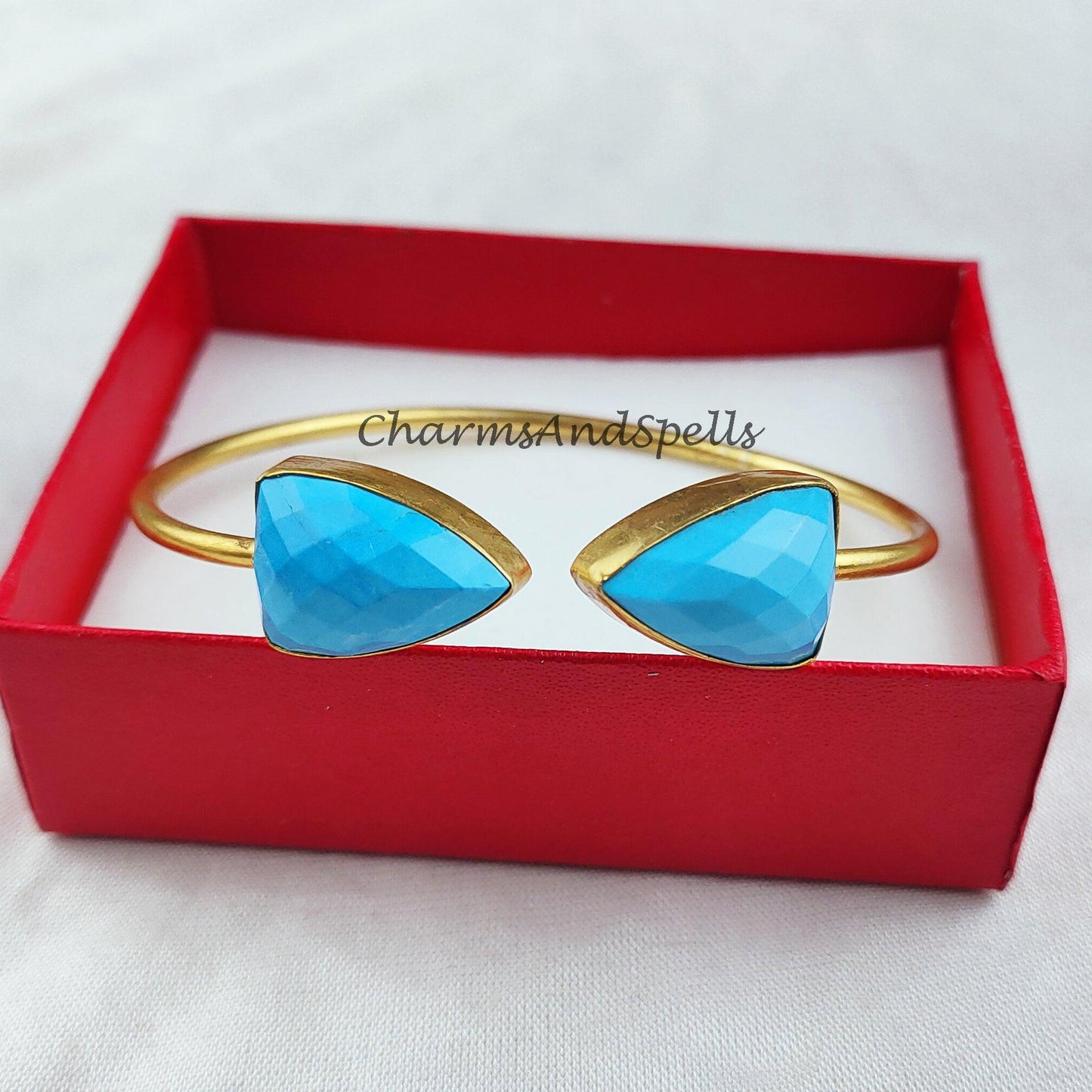 Blue Turquoise bangle, gold plated handmade bangle, statement bangle, adjustable bangle, turquoise jewelry - Charms And Spells