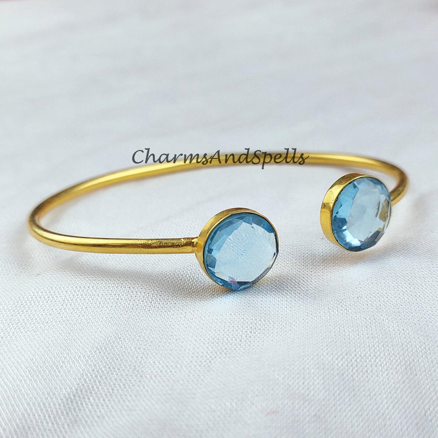 Blue topaz bangle, gold plated handmade bangle, dainty bangle, statement bangle, Topaz jewelry, gift For women - Charms And Spells