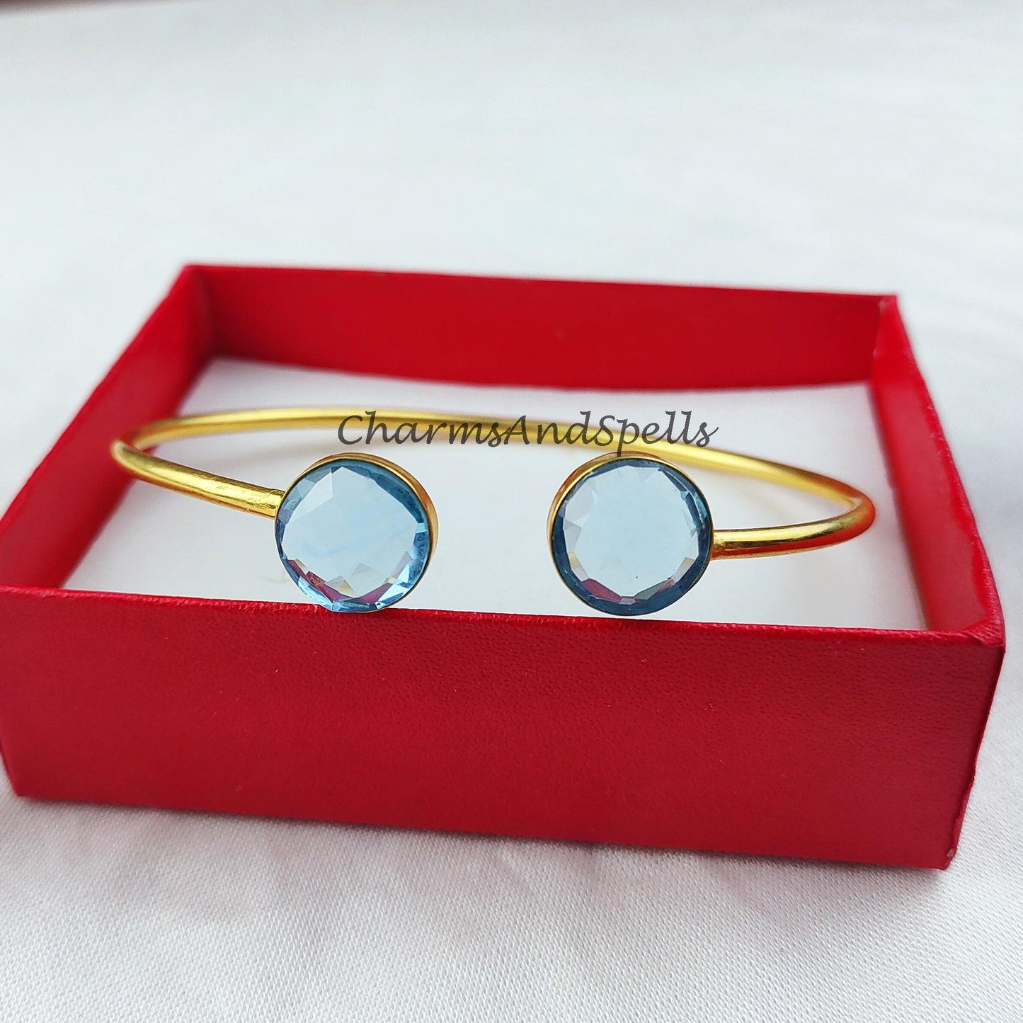 Blue topaz bangle, gold plated handmade bangle, dainty bangle, statement bangle, Topaz jewelry, gift For women - Charms And Spells