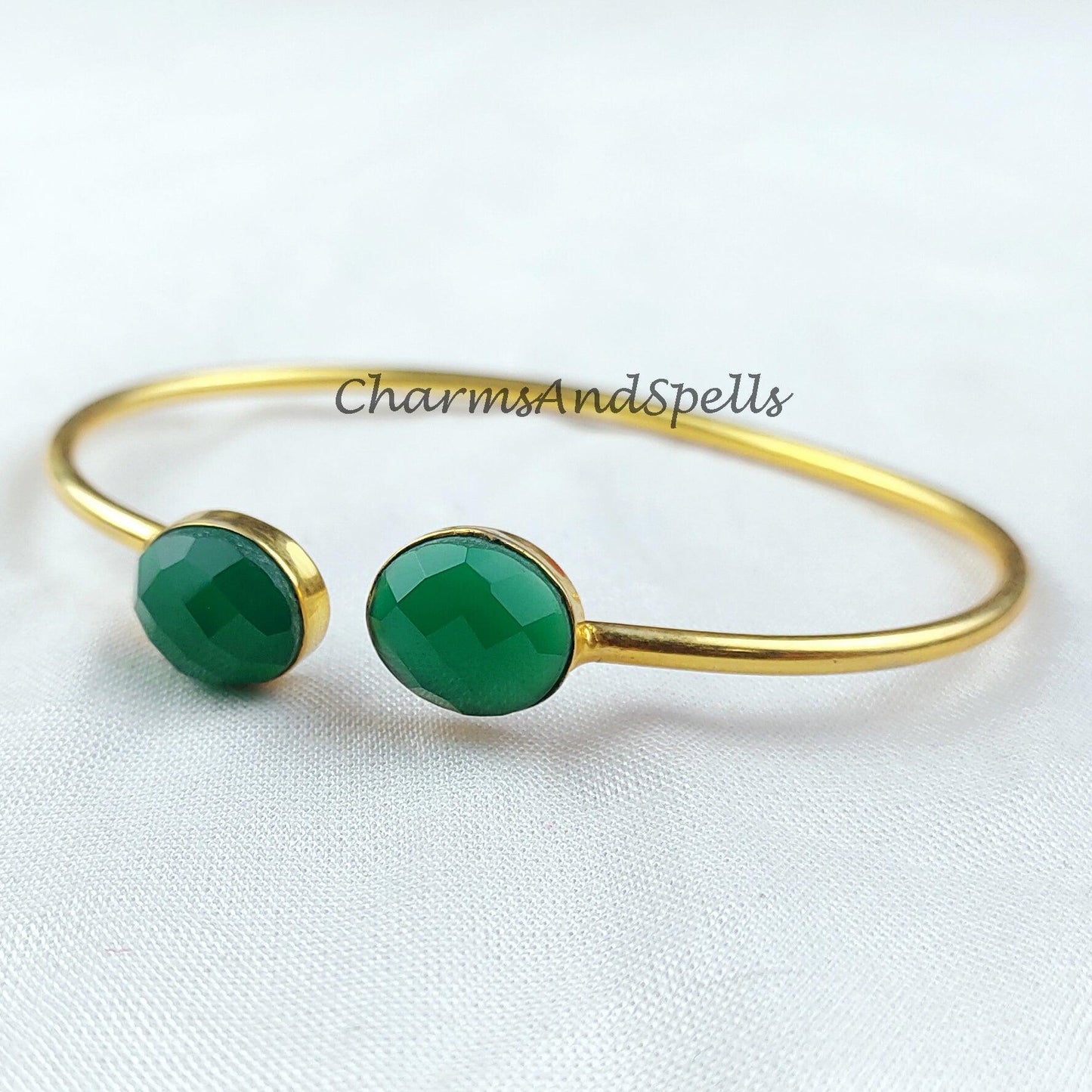 Green onyx bangle, gold plated handmade bangle, bohemian bangle, statement bangle, onyx jewelry, gift For women - Charms And Spells