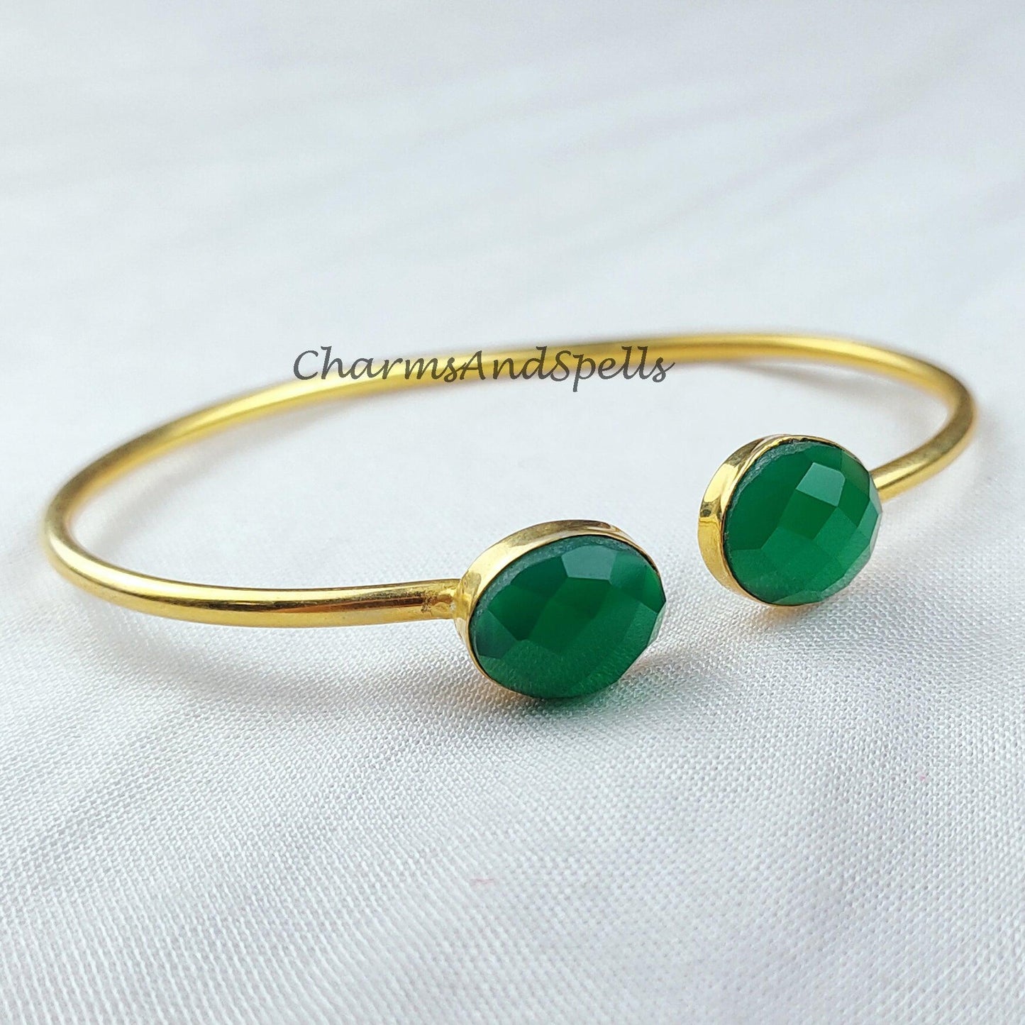 Green onyx bangle, gold plated handmade bangle, bohemian bangle, statement bangle, onyx jewelry, gift For women - Charms And Spells