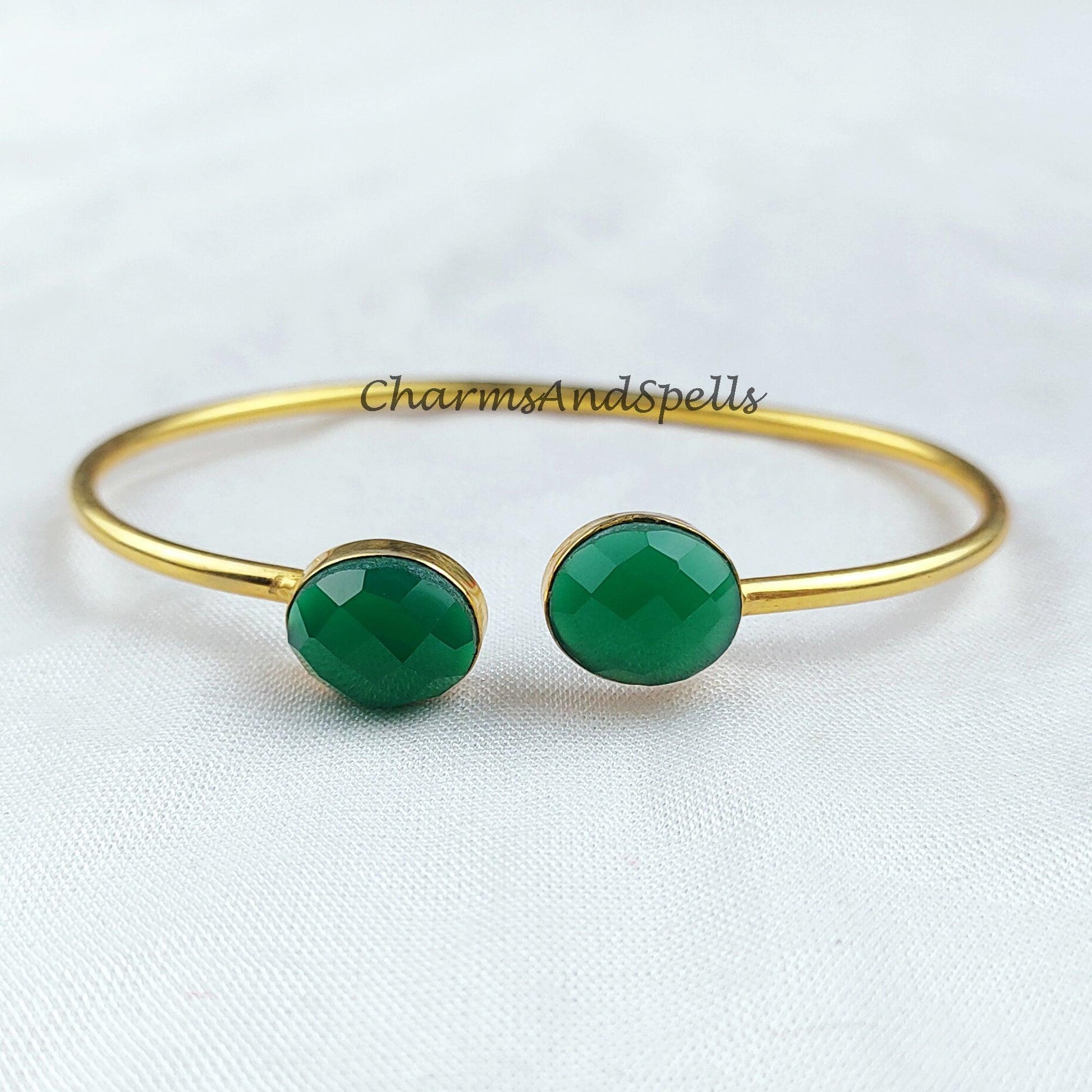 Green onyx bangle, gold plated handmade bangle, bohemian bangle, statement bangle, onyx jewelry, gift For women - Charms And Spells