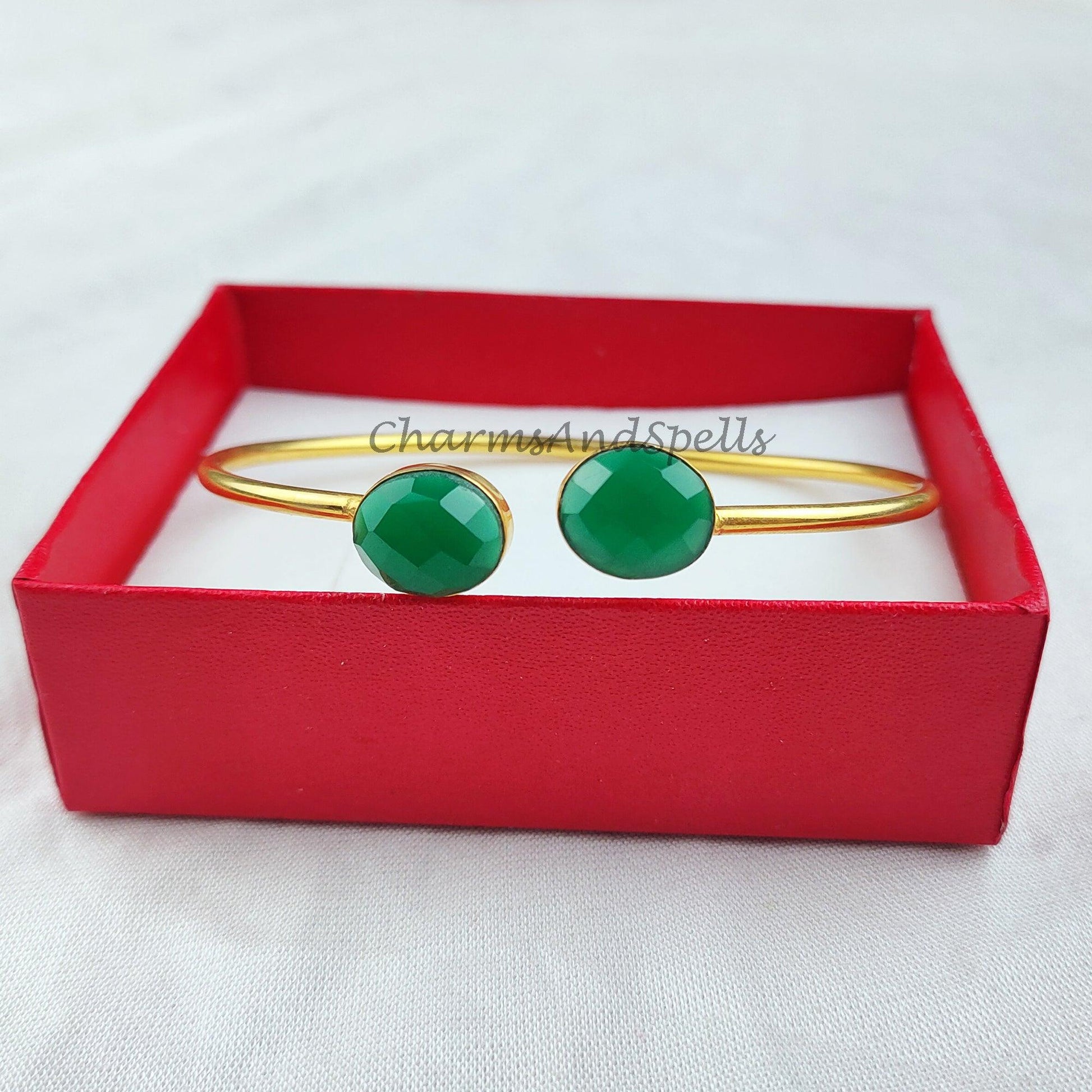 Green onyx bangle, gold plated handmade bangle, bohemian bangle, statement bangle, onyx jewelry, gift For women - Charms And Spells