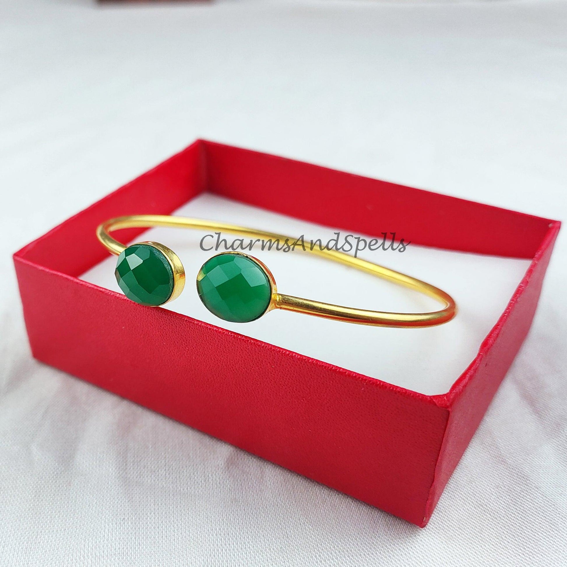 Green onyx bangle, gold plated handmade bangle, bohemian bangle, statement bangle, onyx jewelry, gift For women - Charms And Spells