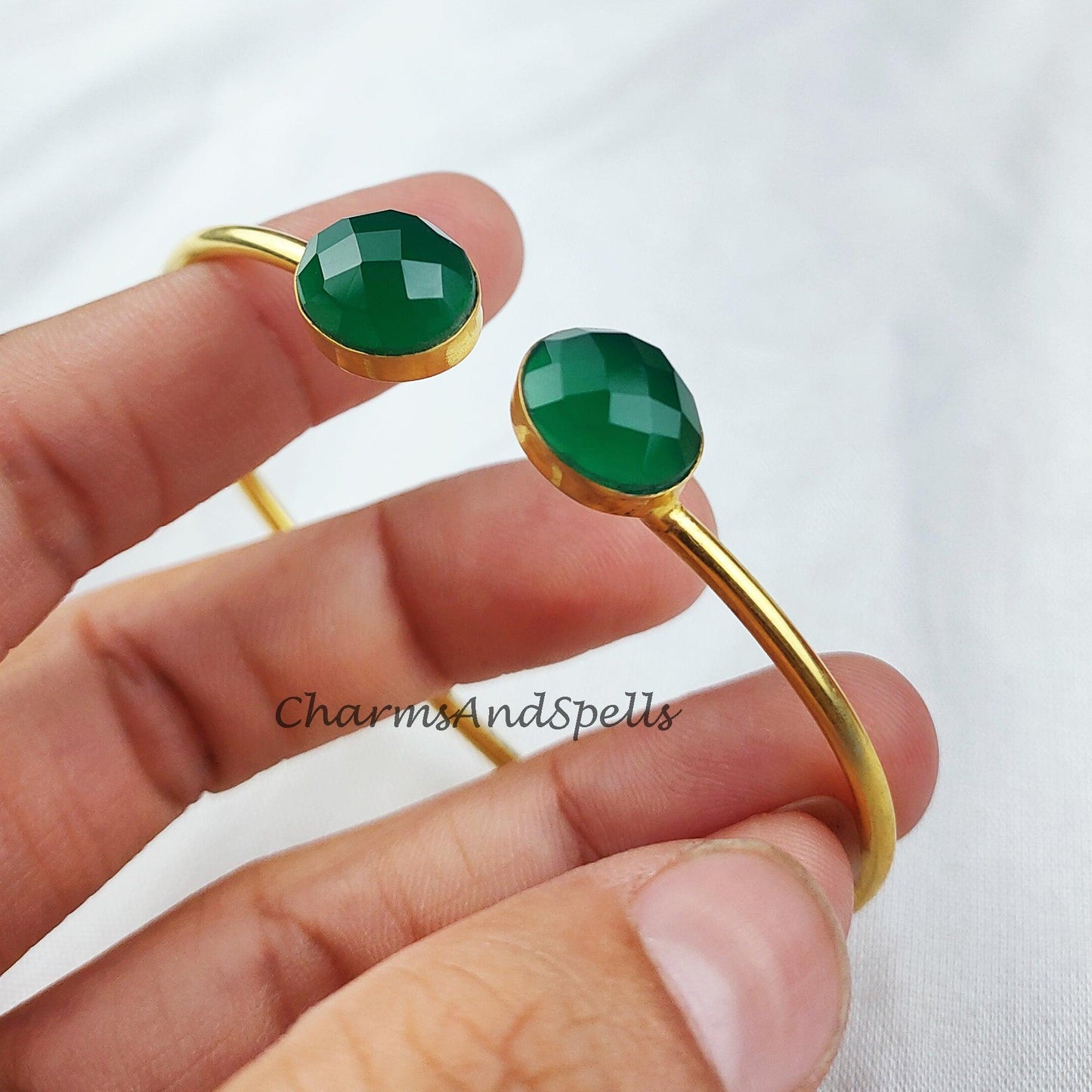 Green onyx bangle, gold plated handmade bangle, bohemian bangle, statement bangle, onyx jewelry, gift For women - Charms And Spells