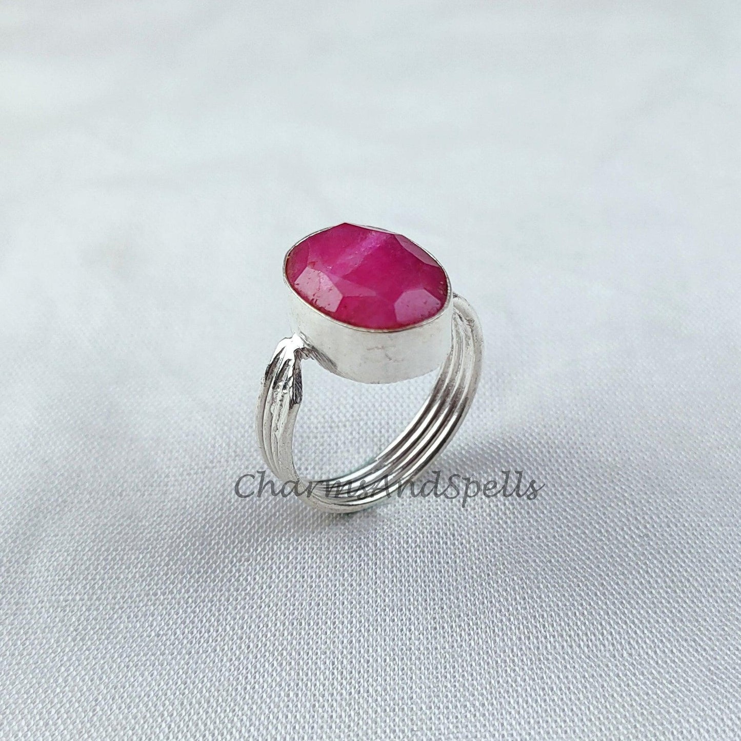 Ruby Ring, Pink Gemstone Ring, Statement Ring, Silver Plated Ring, Designer Ring, Women Ring, Handmade Ring, Bohemian Ring - Charms And Spells