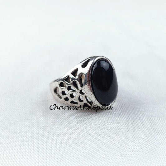 Black Onyx Ring, Black Ring, Imitation Ring, 925 Silver Plated Ring, Oval Shape Ring, Women Ring, Handmade Ring, Bohemian Ring - Charms And Spells