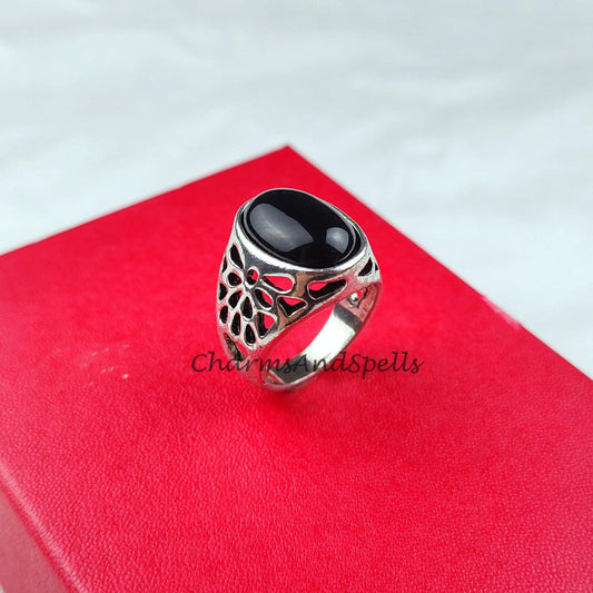 Black Onyx Ring, Black Ring, Imitation Ring, 925 Silver Plated Ring, Oval Shape Ring, Women Ring, Handmade Ring, Bohemian Ring - Charms And Spells