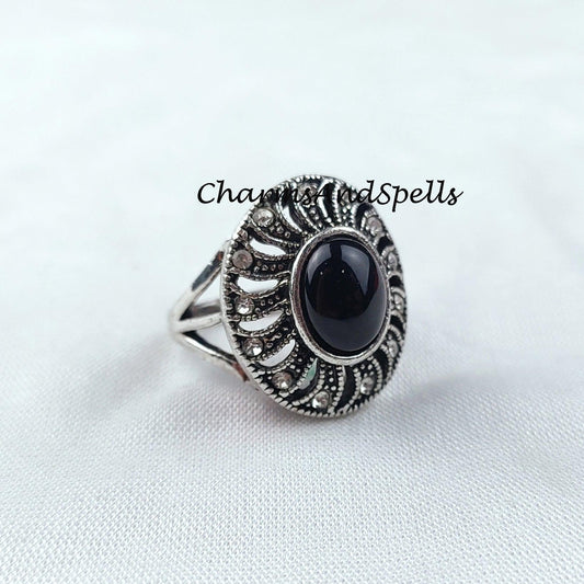 Black Onyx Ring, Cz Stone Ring, Designer Ring, 925 Silver Plated Ring, Flower Shape Ring, Handmade Ring, Bohemian Ring, Gift For Her - Charms And Spells