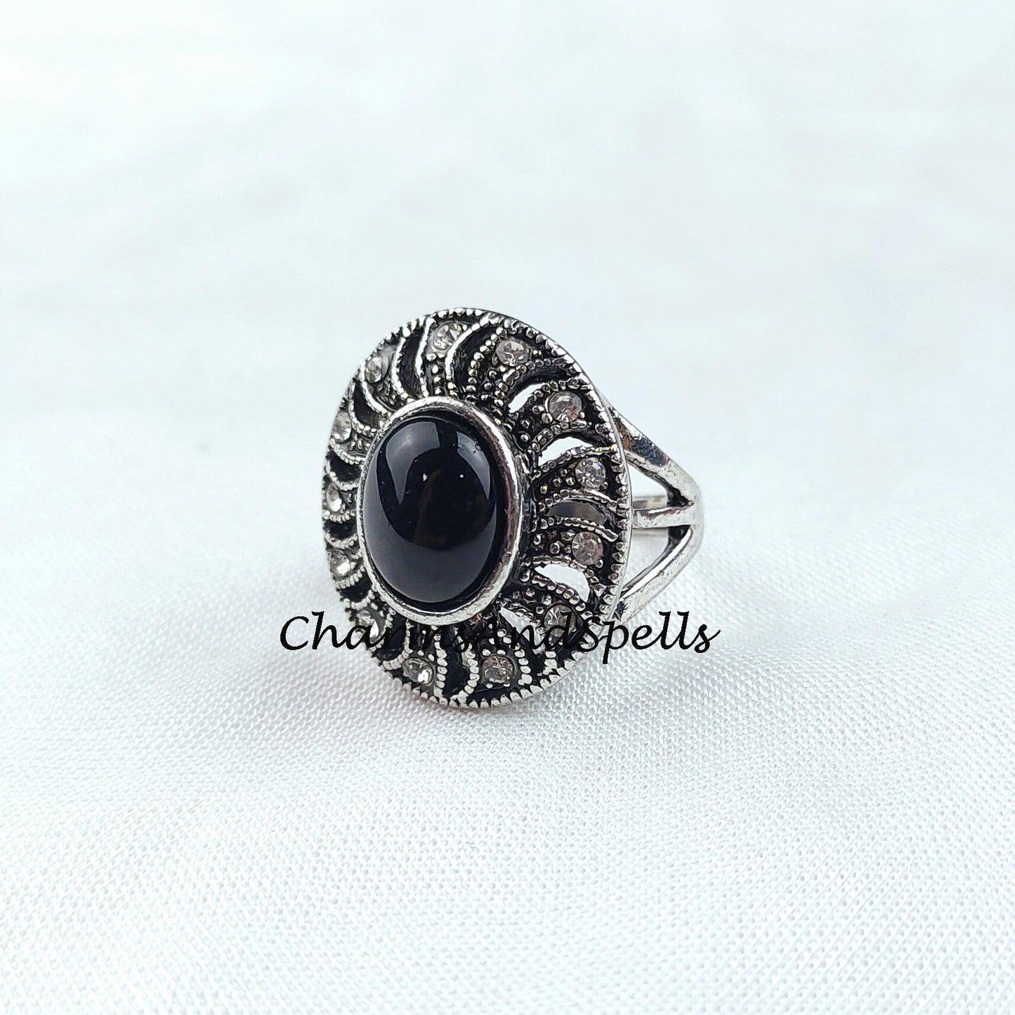 Black Onyx Ring, Cz Stone Ring, Designer Ring, 925 Silver Plated Ring, Flower Shape Ring, Handmade Ring, Bohemian Ring, Gift For Her - Charms And Spells