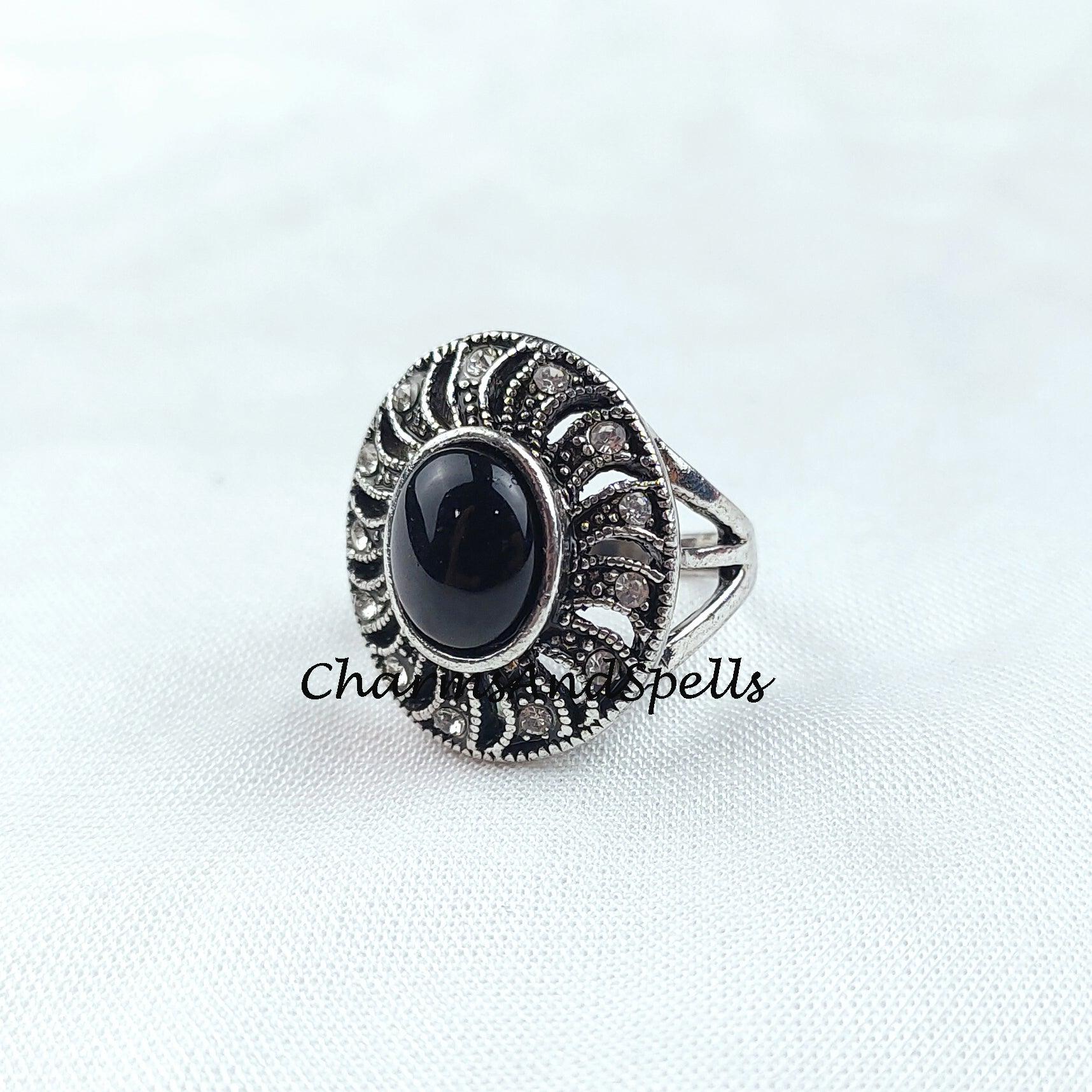 Black Onyx Ring, Cz Stone Ring, Designer Ring, 925 Silver Plated Ring, Flower Shape Ring, Handmade Ring, Bohemian Ring, Gift For Her - Charms And Spells