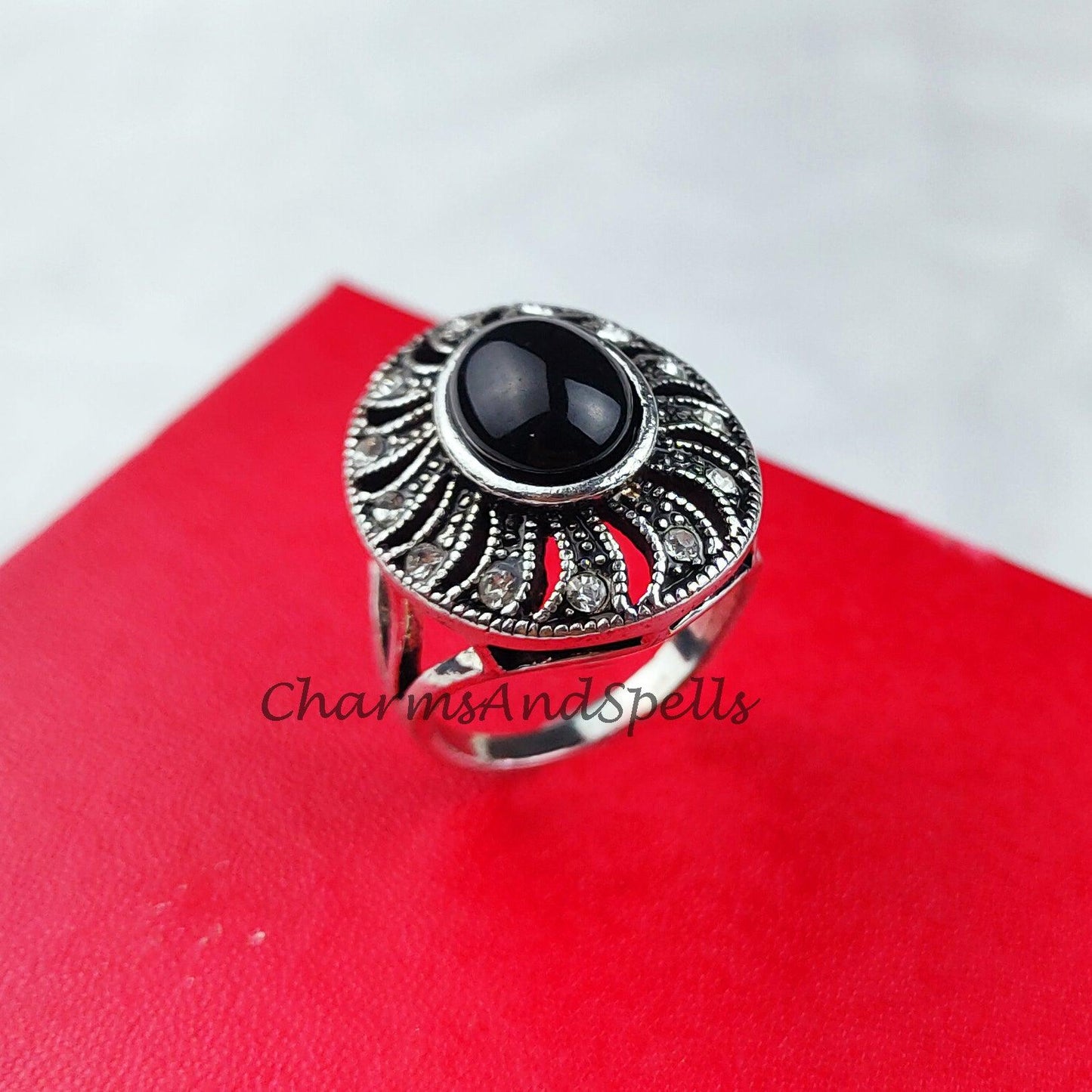 Black Onyx Ring, Cz Stone Ring, Designer Ring, 925 Silver Plated Ring, Flower Shape Ring, Handmade Ring, Bohemian Ring, Gift For Her - Charms And Spells