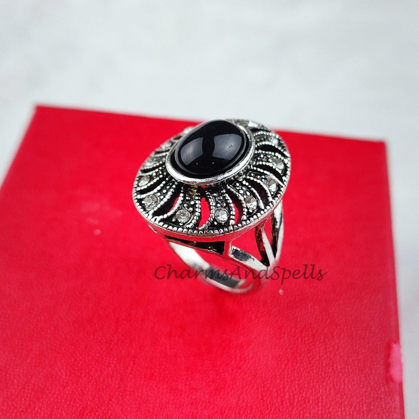 Black Onyx Ring, Cz Stone Ring, Designer Ring, 925 Silver Plated Ring, Flower Shape Ring, Handmade Ring, Bohemian Ring, Gift For Her - Charms And Spells