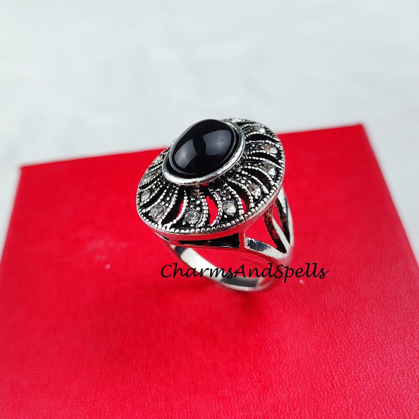 Black Onyx Ring, Cz Stone Ring, Designer Ring, 925 Silver Plated Ring, Flower Shape Ring, Handmade Ring, Bohemian Ring, Gift For Her - Charms And Spells