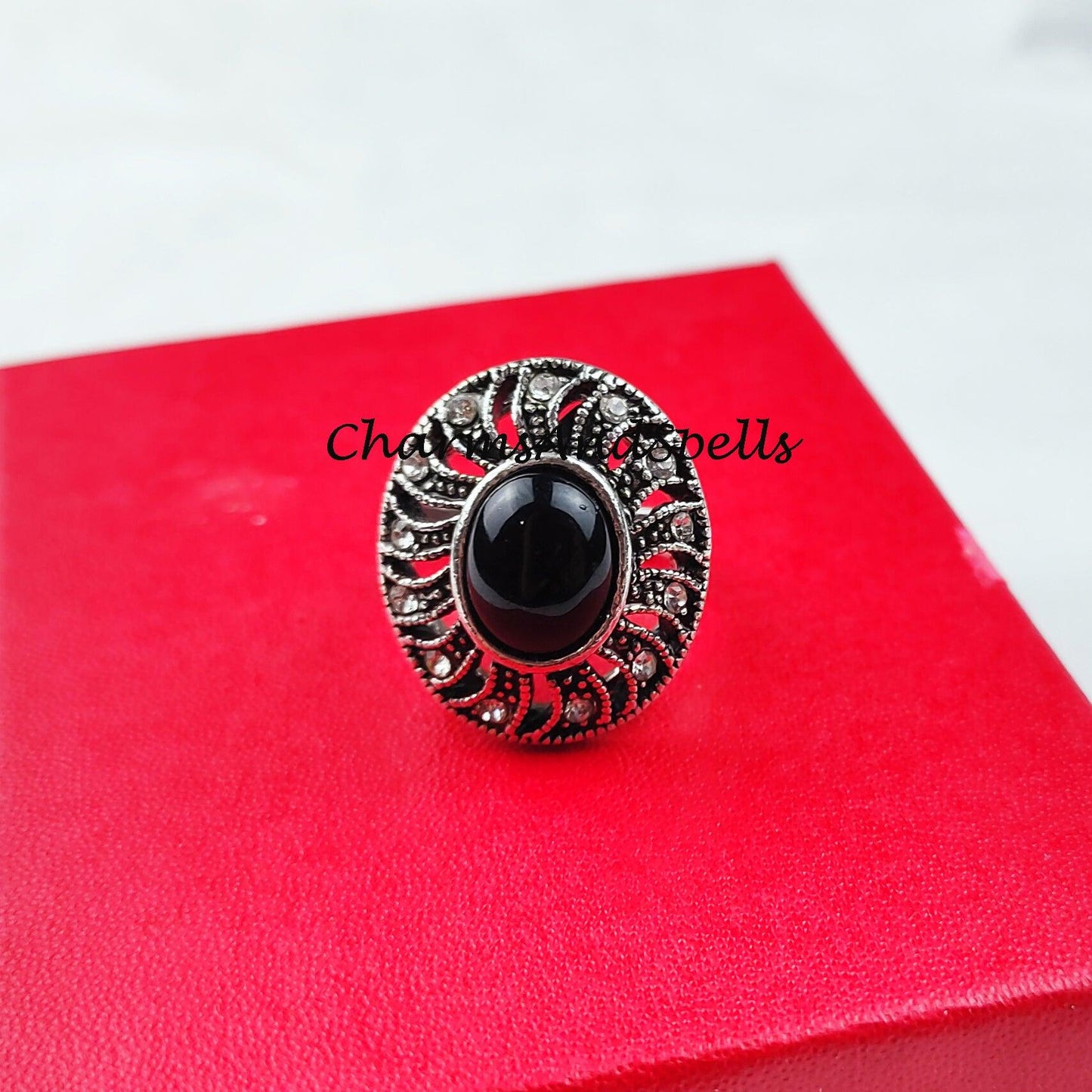 Black Onyx Ring, Cz Stone Ring, Designer Ring, 925 Silver Plated Ring, Flower Shape Ring, Handmade Ring, Bohemian Ring, Gift For Her - Charms And Spells