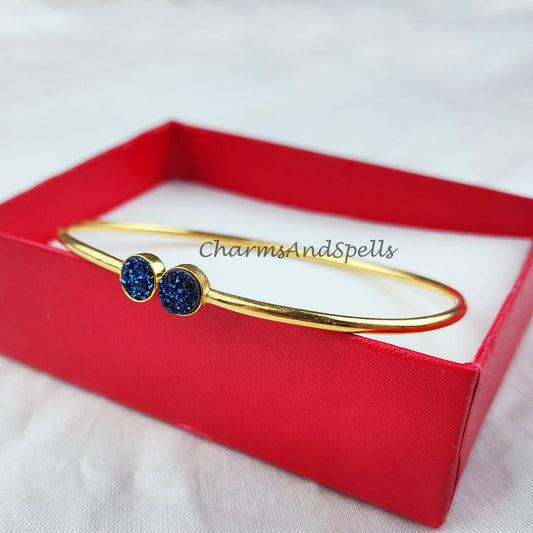 Druzy bangle, gold plated handmade bangle, blue druzy bangle, statement bangle, druzy jewelry, gift for mother - Charms And Spells