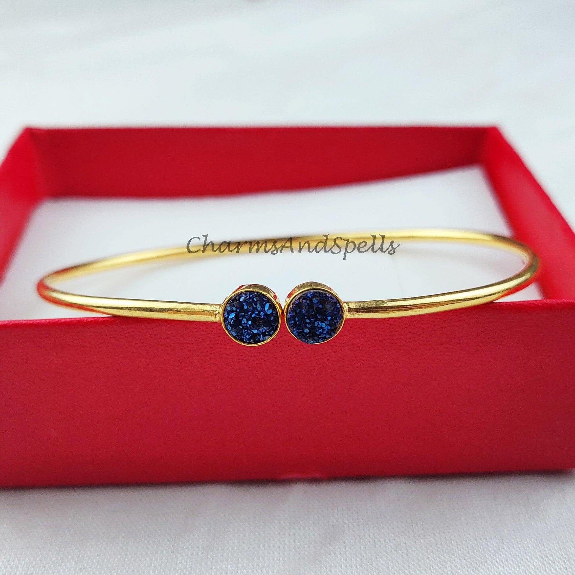 Druzy bangle, gold plated handmade bangle, blue druzy bangle, statement bangle, druzy jewelry, gift for mother - Charms And Spells