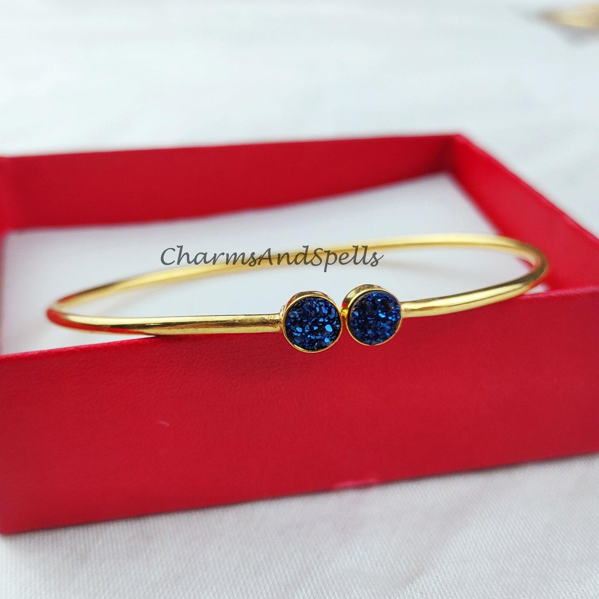 Druzy bangle, gold plated handmade bangle, blue druzy bangle, statement bangle, druzy jewelry, gift for mother - Charms And Spells