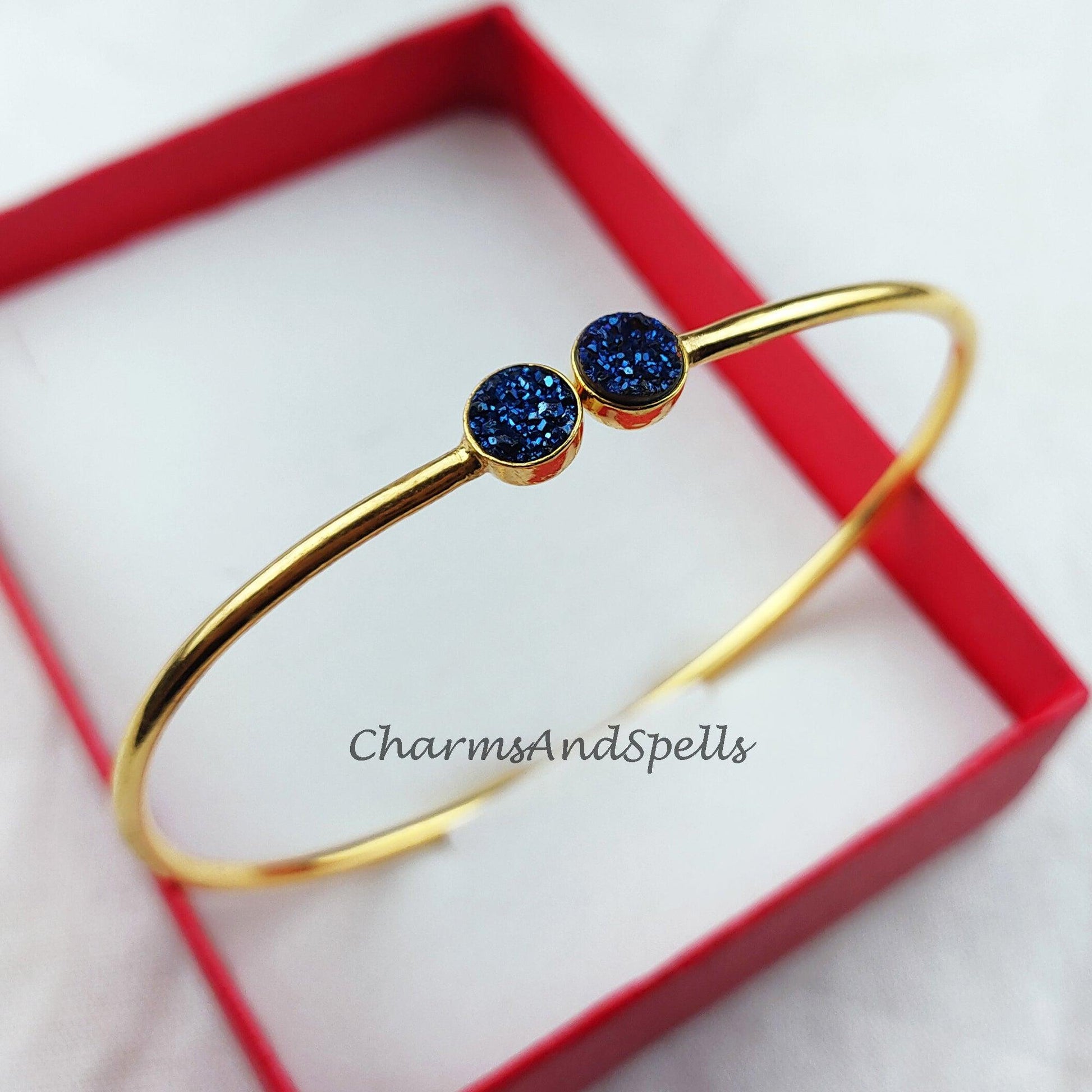 Druzy bangle, gold plated handmade bangle, blue druzy bangle, statement bangle, druzy jewelry, gift for mother - Charms And Spells