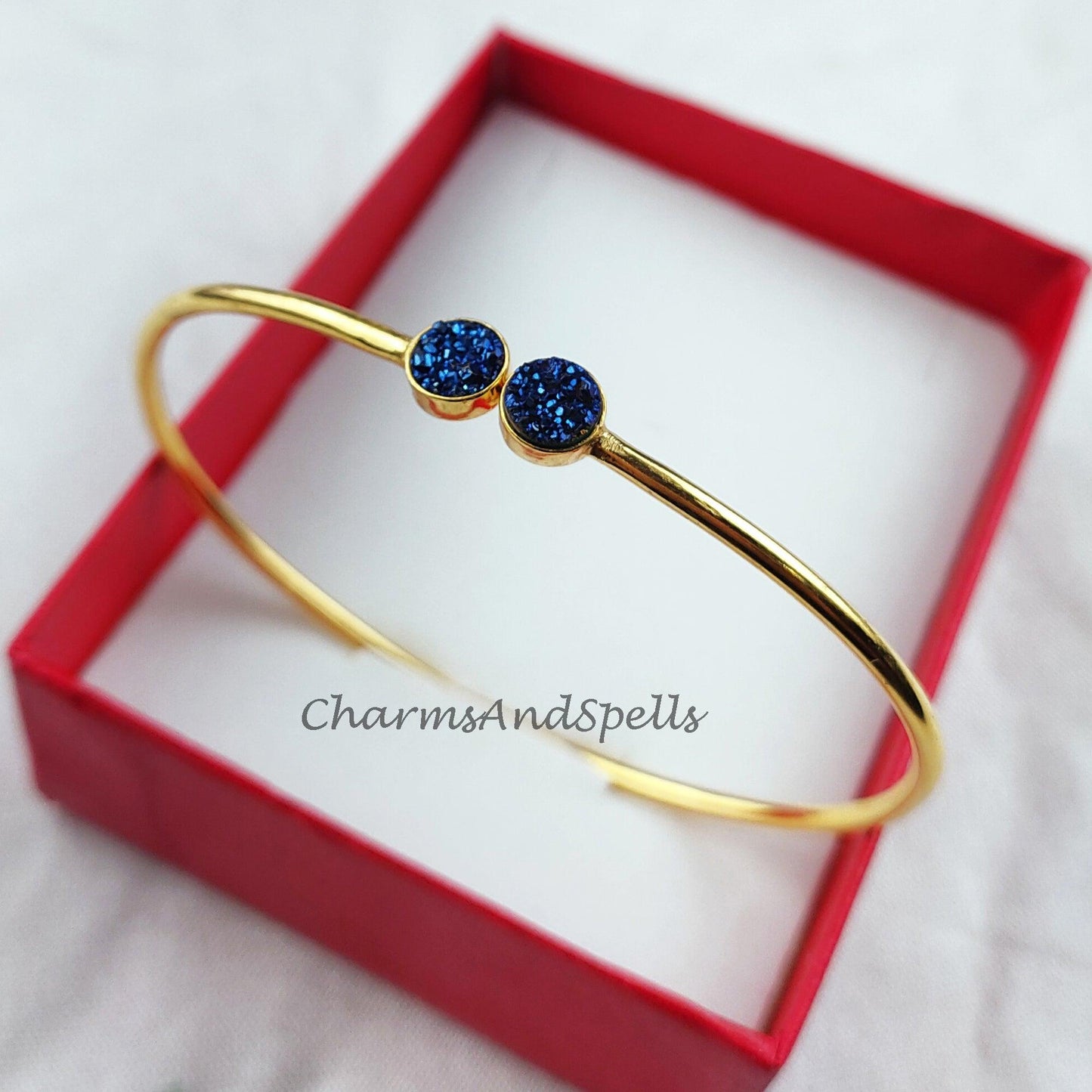 Druzy bangle, gold plated handmade bangle, blue druzy bangle, statement bangle, druzy jewelry, gift for mother - Charms And Spells