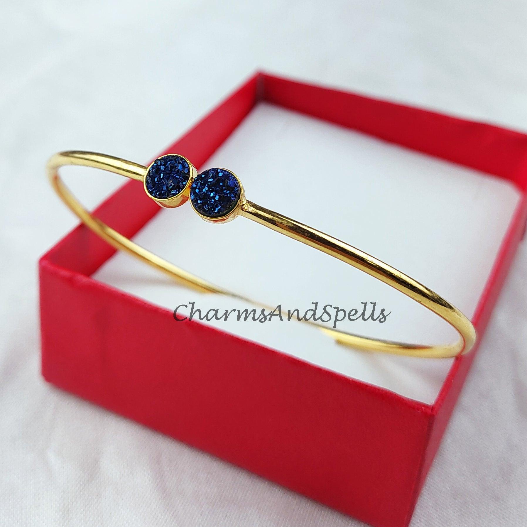 Druzy bangle, gold plated handmade bangle, blue druzy bangle, statement bangle, druzy jewelry, gift for mother - Charms And Spells