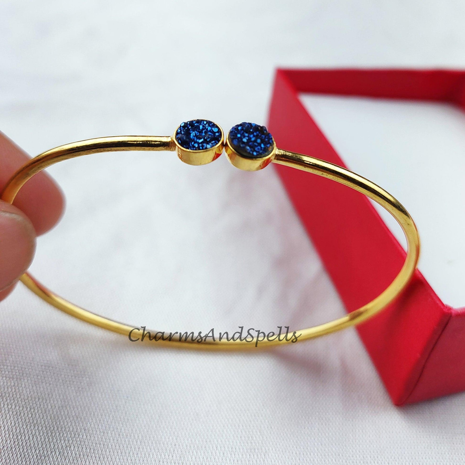 Druzy bangle, gold plated handmade bangle, blue druzy bangle, statement bangle, druzy jewelry, gift for mother - Charms And Spells