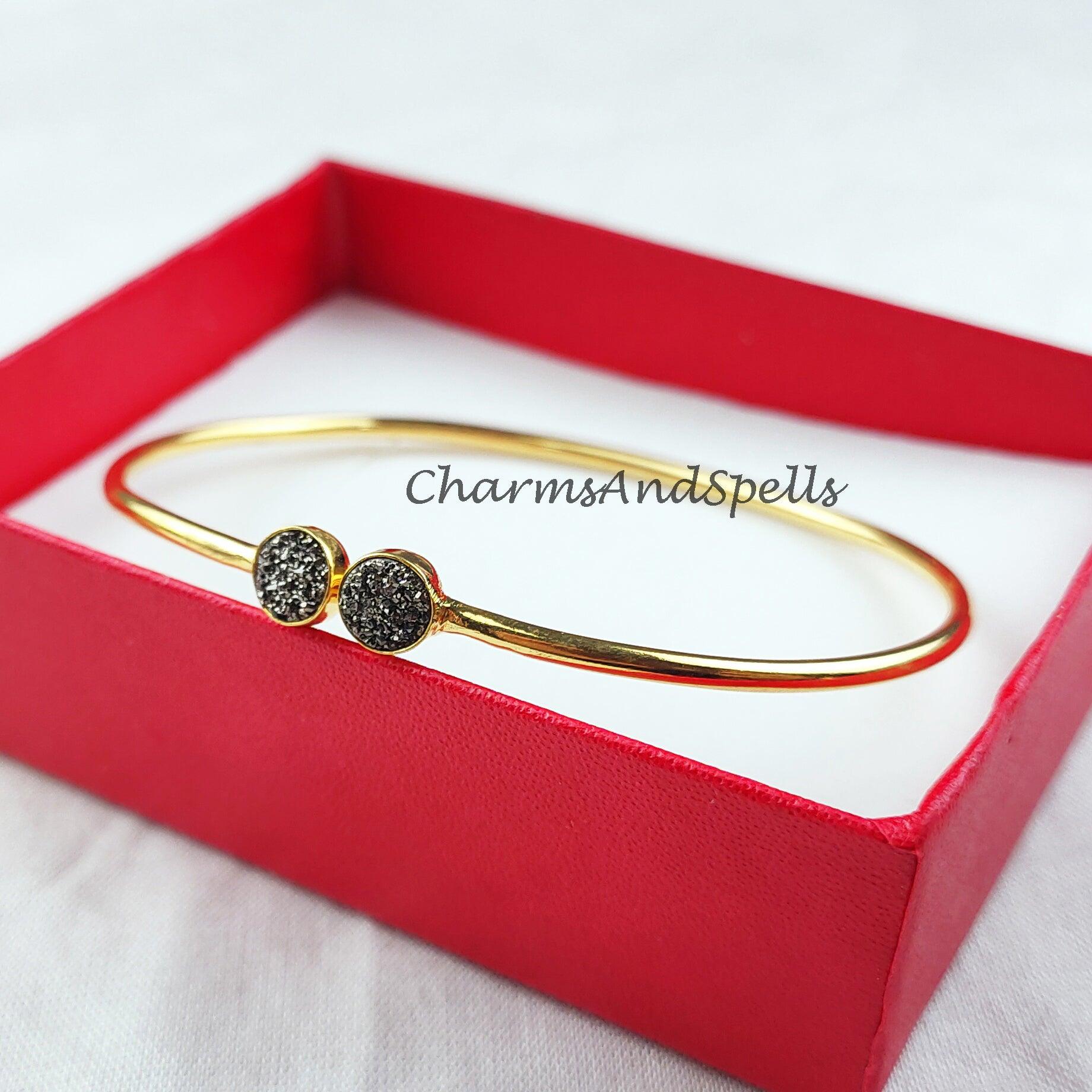 Black druzy bangle, gold plated bangle, birthday gift bangle, statement bangle, gift for her - Charms And Spells