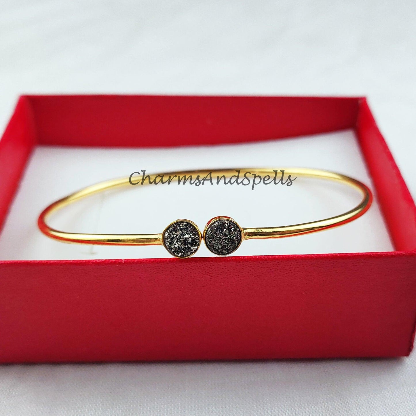 Black druzy bangle, gold plated bangle, birthday gift bangle, statement bangle, gift for her - Charms And Spells