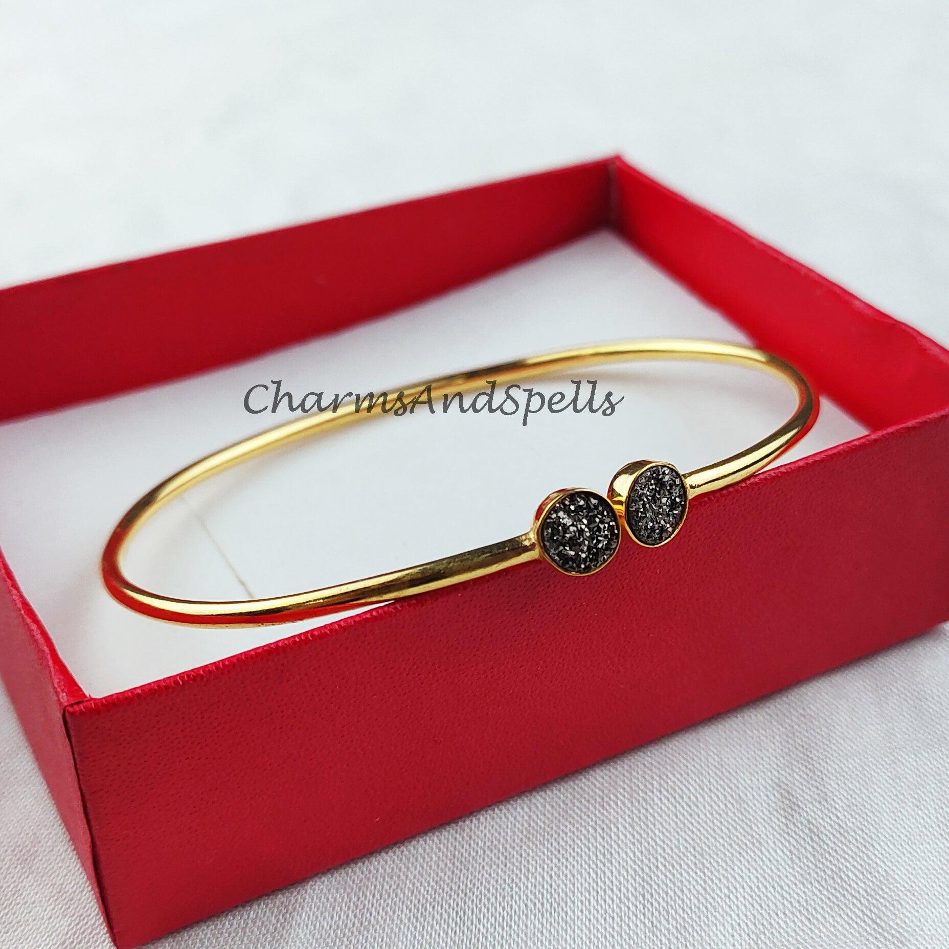 Black druzy bangle, gold plated bangle, birthday gift bangle, statement bangle, gift for her - Charms And Spells