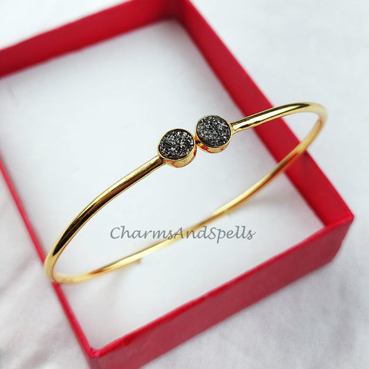 Black druzy bangle, gold plated bangle, birthday gift bangle, statement bangle, gift for her - Charms And Spells