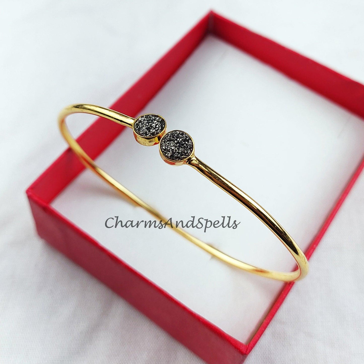 Black druzy bangle, gold plated bangle, birthday gift bangle, statement bangle, gift for her - Charms And Spells