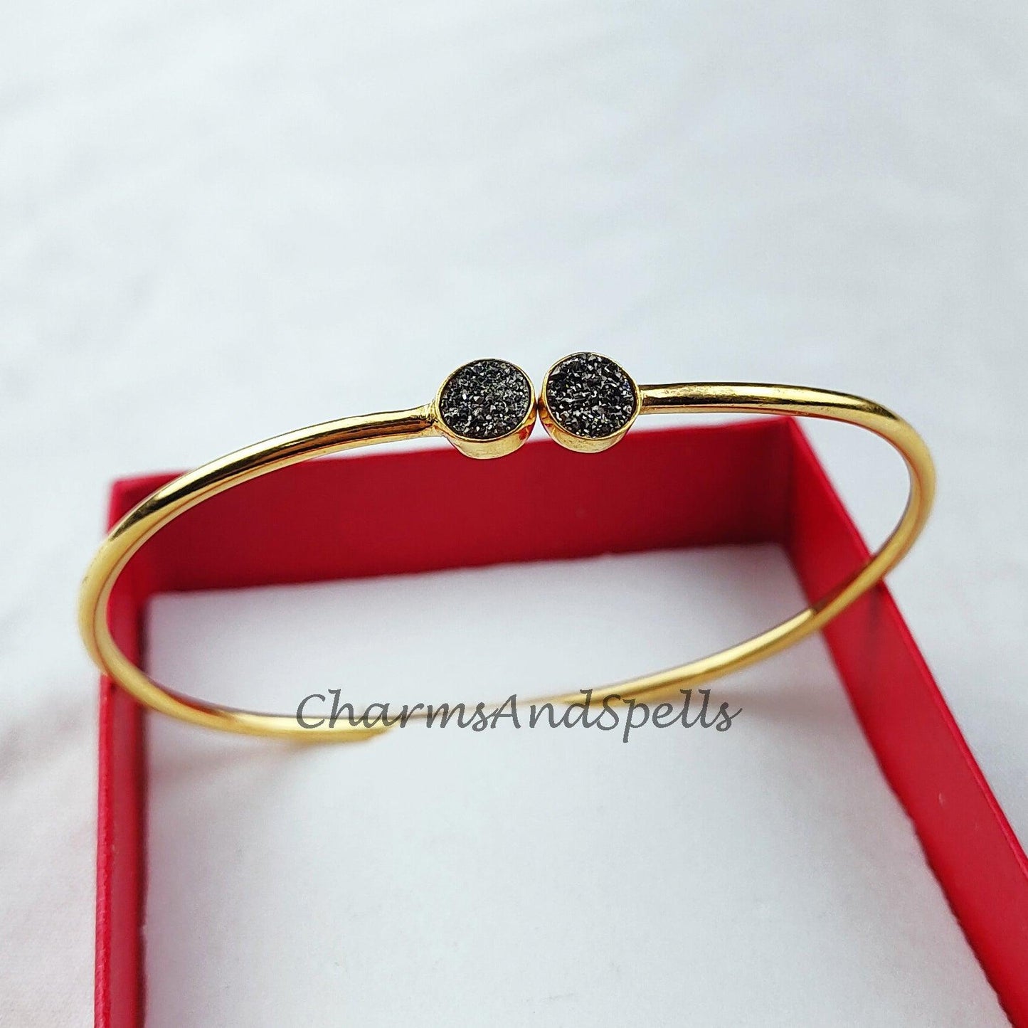 Black druzy bangle, gold plated bangle, birthday gift bangle, statement bangle, gift for her - Charms And Spells