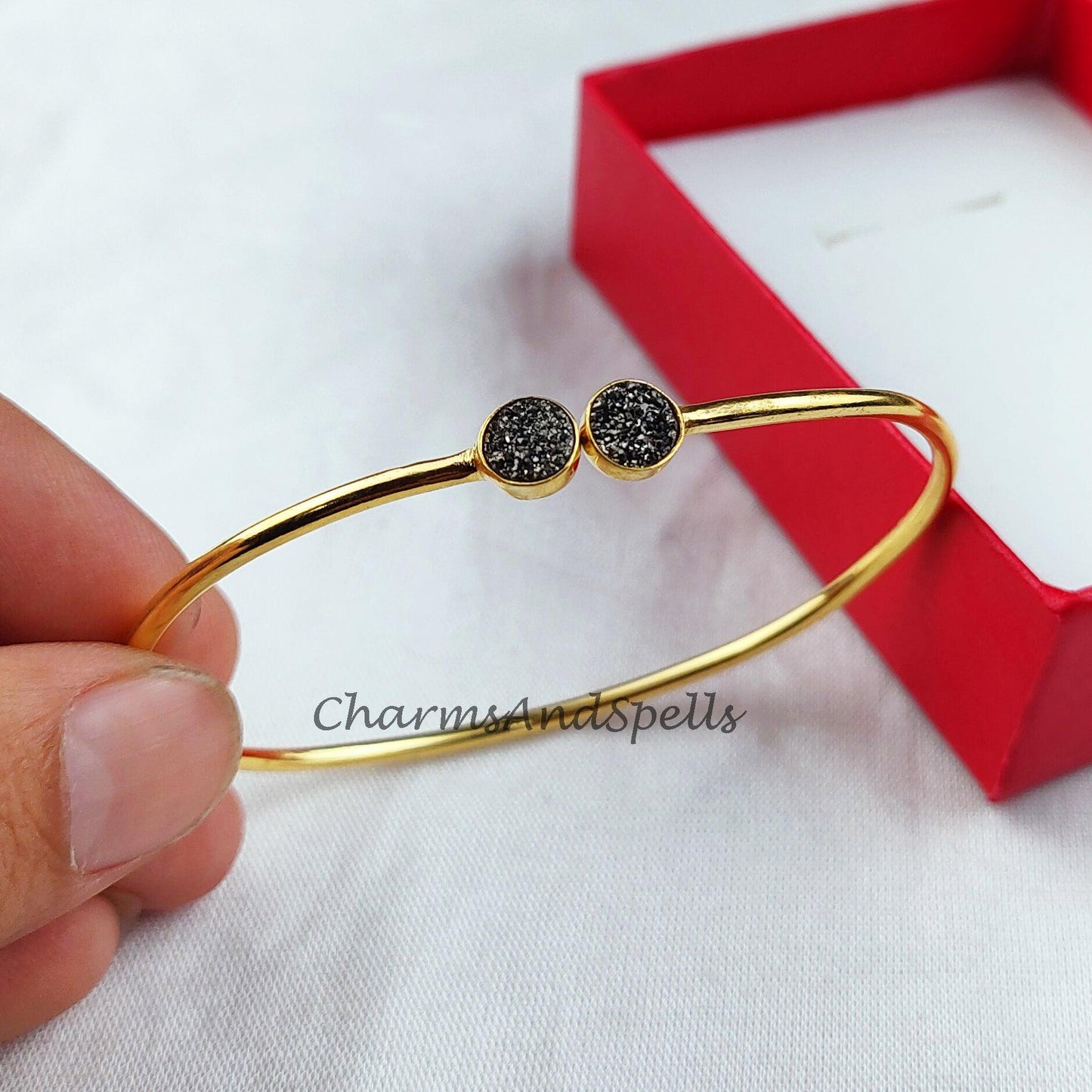 Black druzy bangle, gold plated bangle, birthday gift bangle, statement bangle, gift for her - Charms And Spells