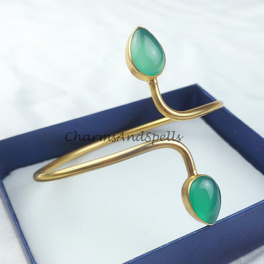 Green chalcedony bangle, 14k gold plated bangle, boho bangle, adjustable bangle, Green stone bangle, Gift, Gift For Her - Charms And Spells