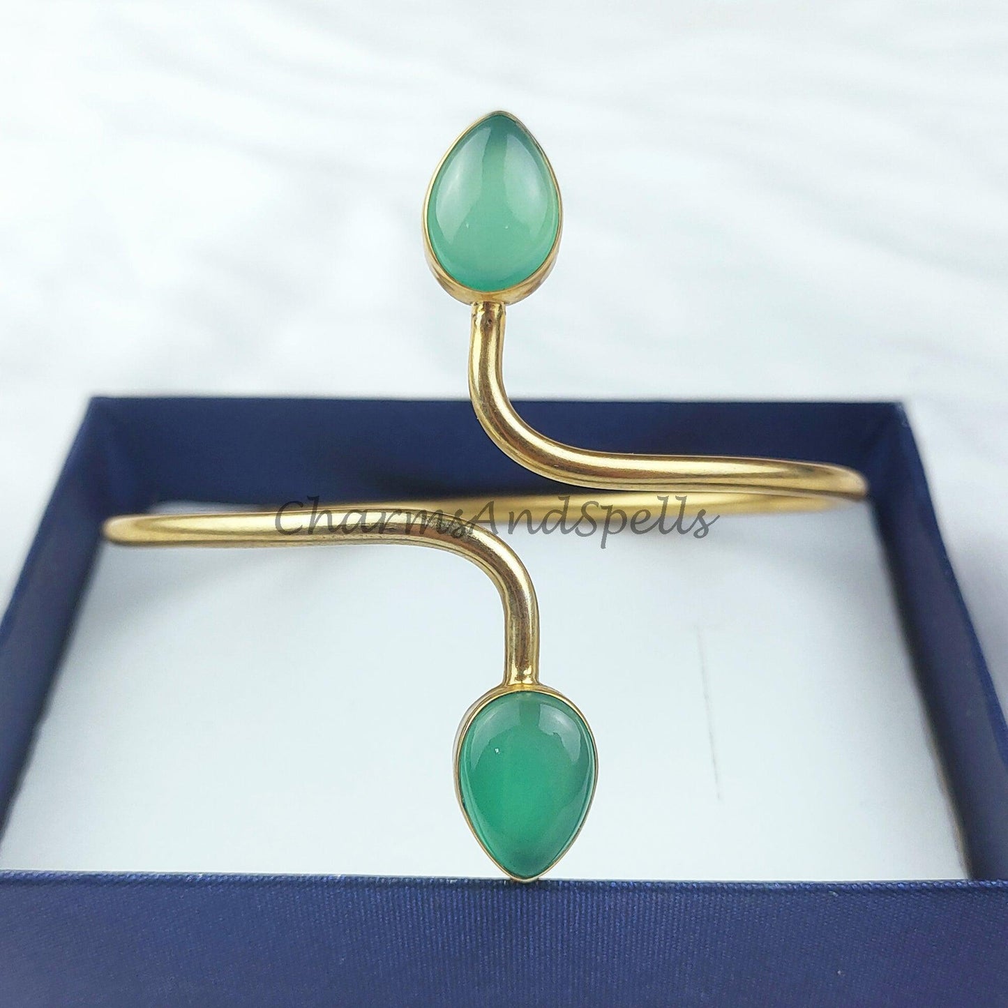 Green chalcedony bangle, 14k gold plated bangle, boho bangle, adjustable bangle, Green stone bangle, Gift, Gift For Her - Charms And Spells