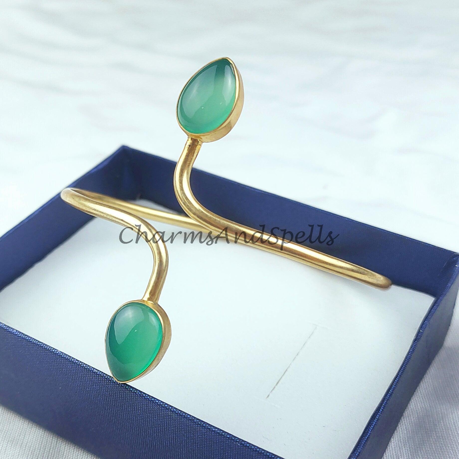 Green chalcedony bangle, 14k gold plated bangle, boho bangle, adjustable bangle, Green stone bangle, Gift, Gift For Her - Charms And Spells