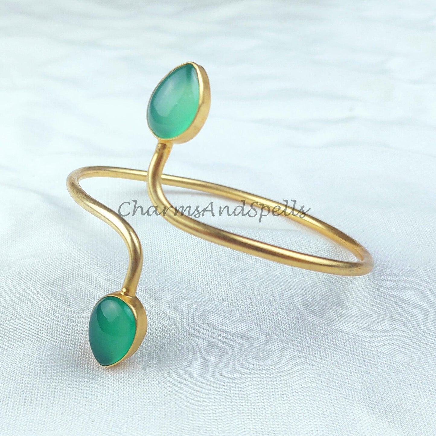 Green chalcedony bangle, 14k gold plated bangle, boho bangle, adjustable bangle, Green stone bangle, Gift, Gift For Her - Charms And Spells