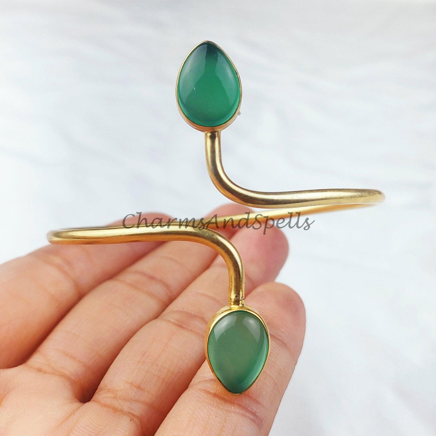 Green chalcedony bangle, 14k gold plated bangle, boho bangle, adjustable bangle, Green stone bangle, Gift, Gift For Her - Charms And Spells