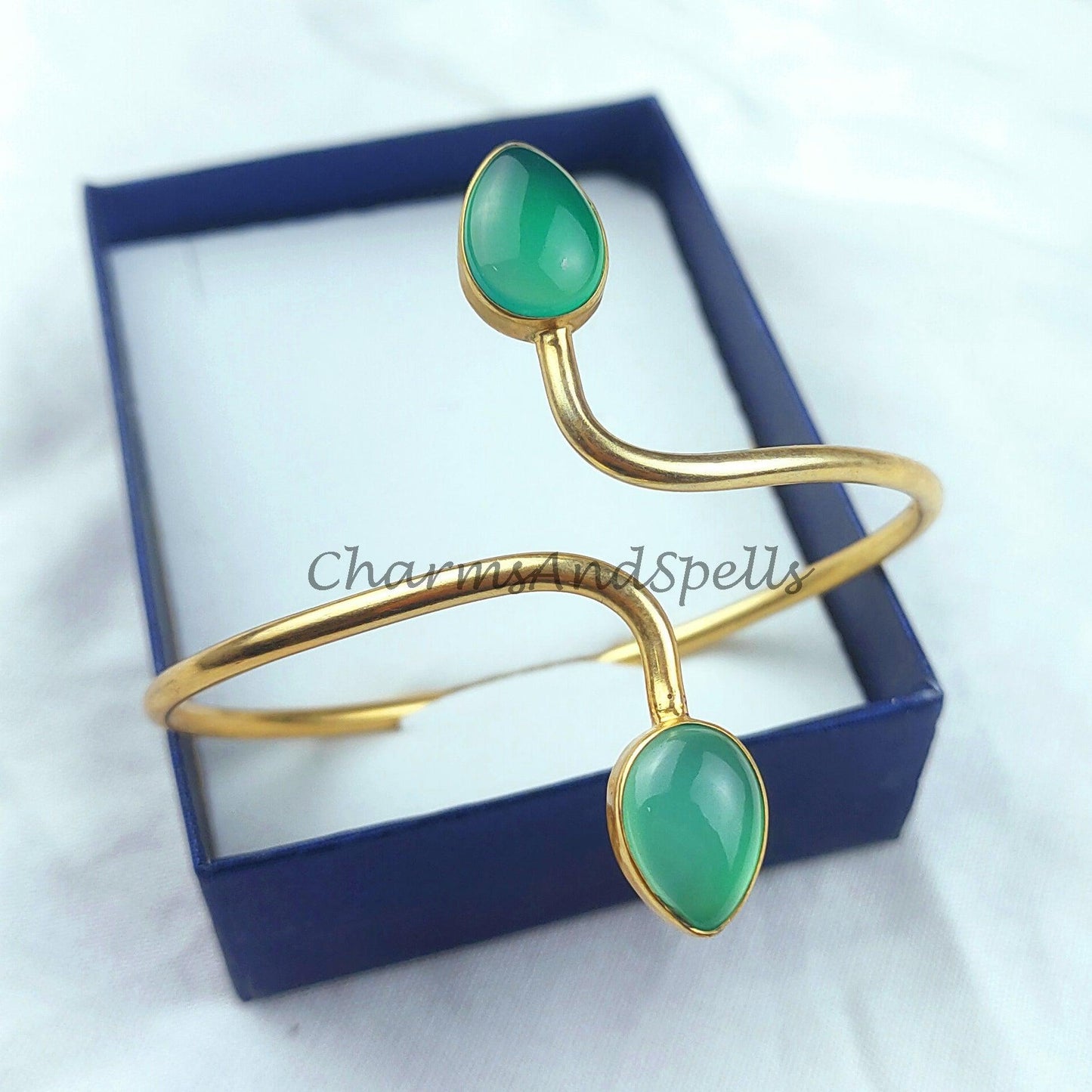 Green chalcedony bangle, 14k gold plated bangle, boho bangle, adjustable bangle, Green stone bangle, Gift, Gift For Her - Charms And Spells