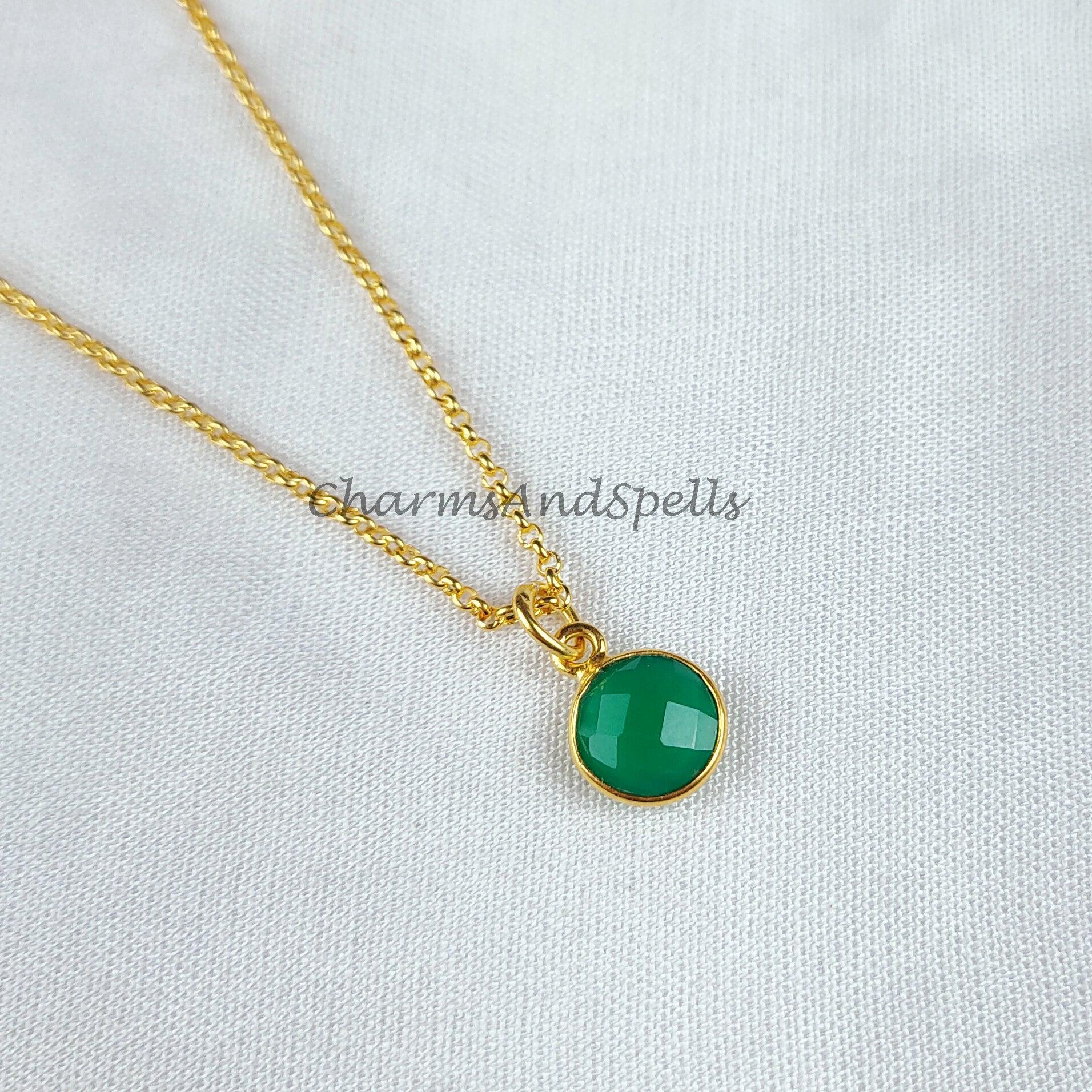 Green onyx gemstone necklace, green onyx jewelry, 14k dainty gold plated chain, elegant necklaces - Charms And Spells