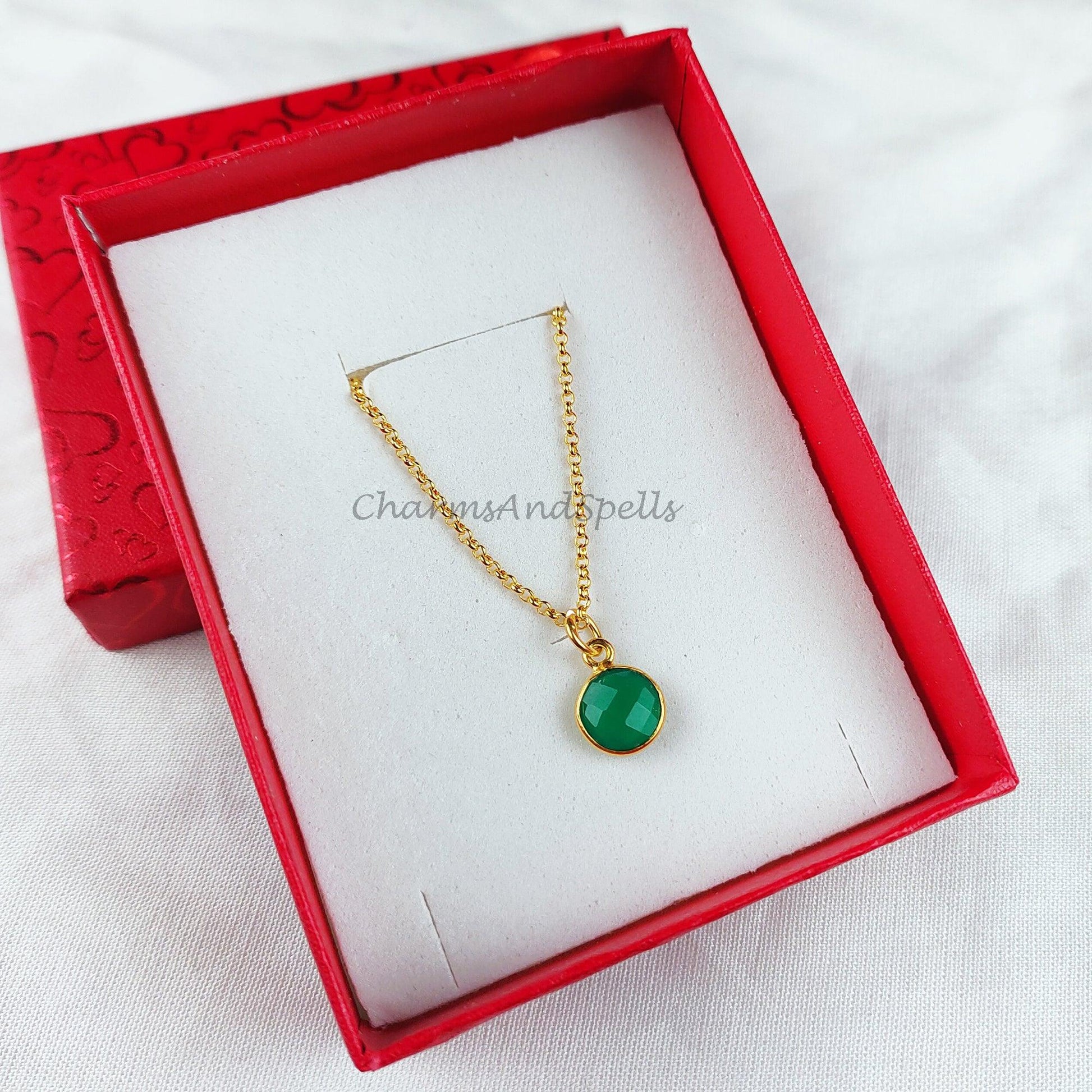 Green onyx gemstone necklace, green onyx jewelry, 14k dainty gold plated chain, elegant necklaces - Charms And Spells