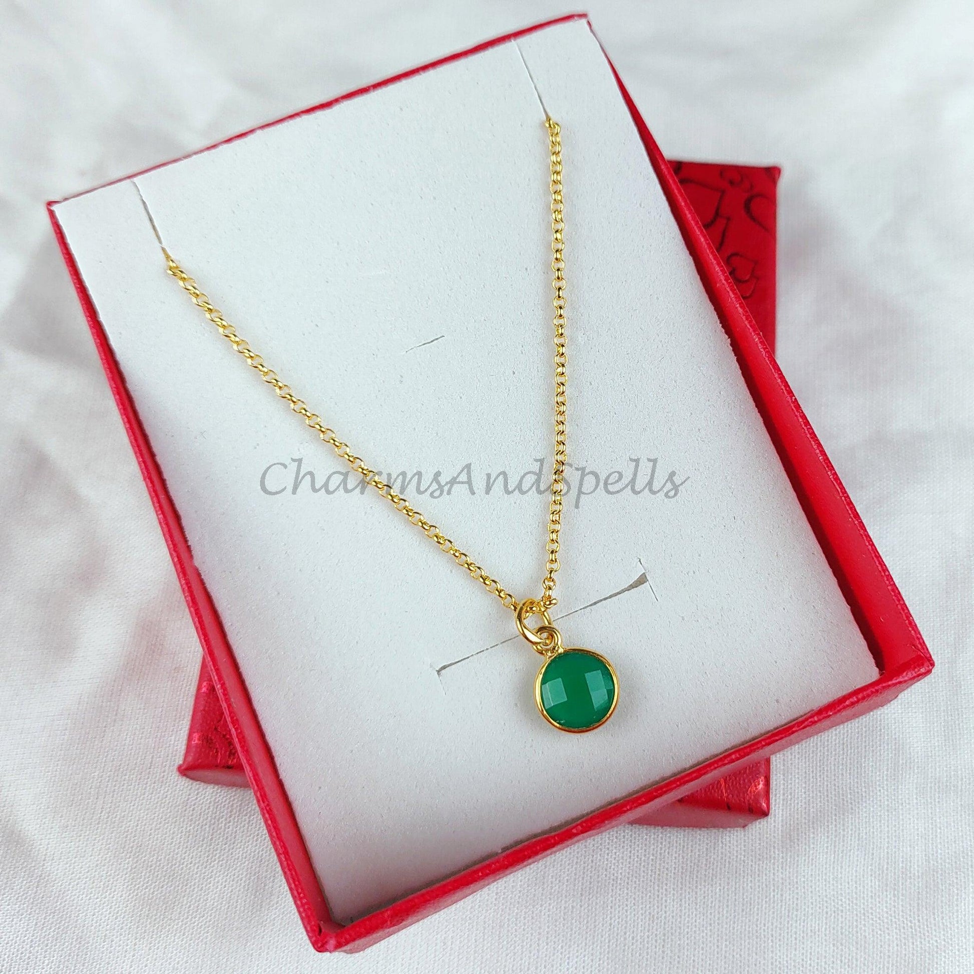 Green onyx gemstone necklace, green onyx jewelry, 14k dainty gold plated chain, elegant necklaces - Charms And Spells