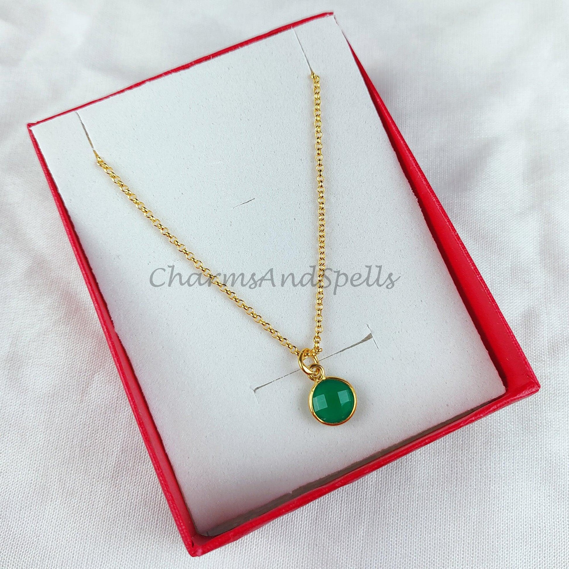 Green onyx gemstone necklace, green onyx jewelry, 14k dainty gold plated chain, elegant necklaces - Charms And Spells