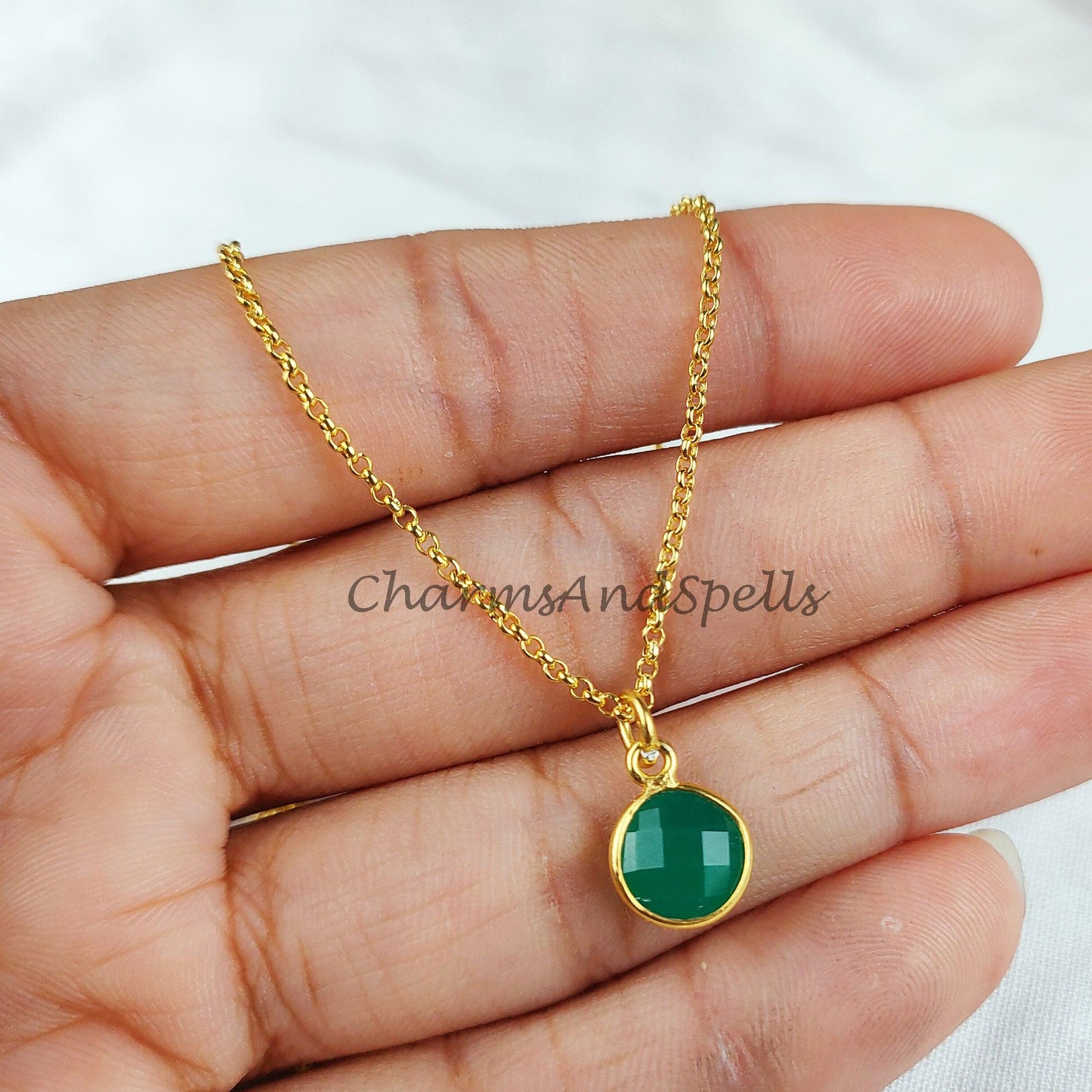 Green onyx gemstone necklace, green onyx jewelry, 14k dainty gold plated chain, elegant necklaces - Charms And Spells